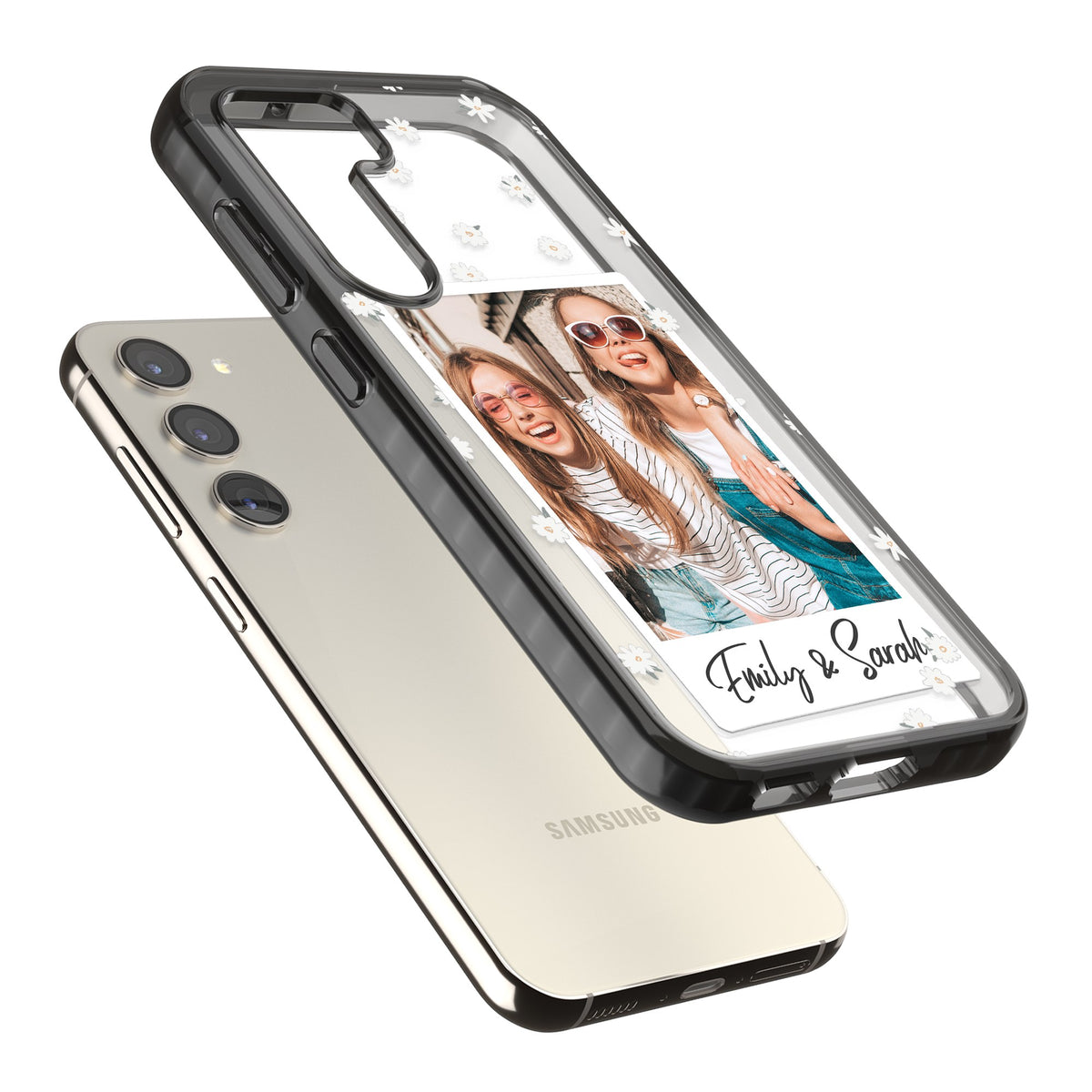 Personalised Daisy Polaroid Samsung S22 / Samsung S22 Plus / Samsung S23 / Samsung S23 Plus / Samsung S24 / Samsung S24 Plus Impact Black Phone Case angled