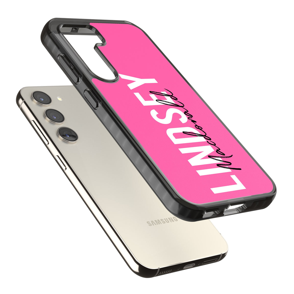 Personalised Bold Name: Pink Samsung S22 / Samsung S22 Plus / Samsung S23 / Samsung S23 Plus / Samsung S24 / Samsung S24 Plus Impact Black Phone Case angled