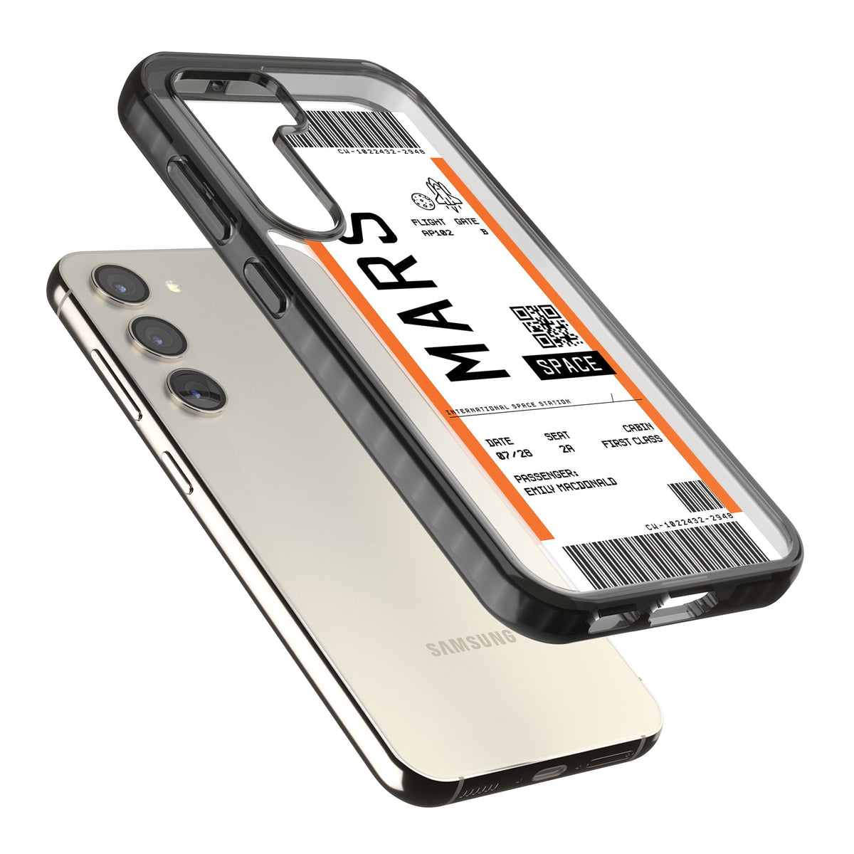 Personalised Mars Travel Ticket Samsung S22 / Samsung S22 Plus / Samsung S23 / Samsung S23 Plus / Samsung S24 / Samsung S24 Plus Impact Black Phone Case angled