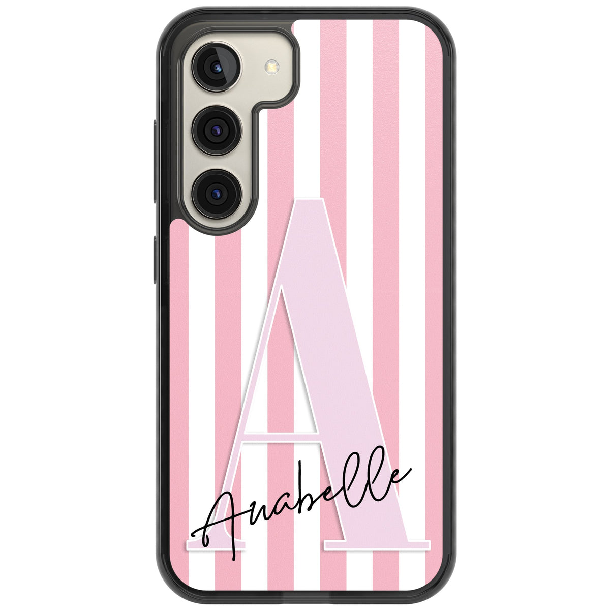 Personalised Soft Pink Stripes Samsung S22 / Samsung S22 Plus / Samsung S23 / Samsung S23 Plus / Samsung S24 / Samsung S24 Plus Impact Black Phone Case front