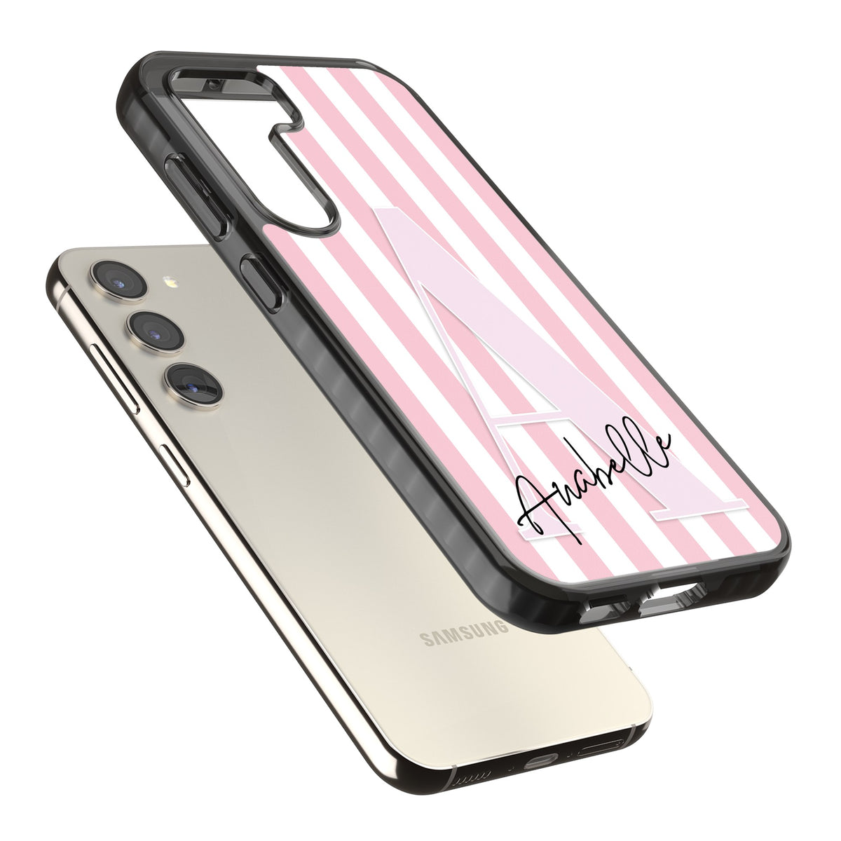 Personalised Soft Pink Stripes Samsung S22 / Samsung S22 Plus / Samsung S23 / Samsung S23 Plus / Samsung S24 / Samsung S24 Plus Impact Black Phone Case angled