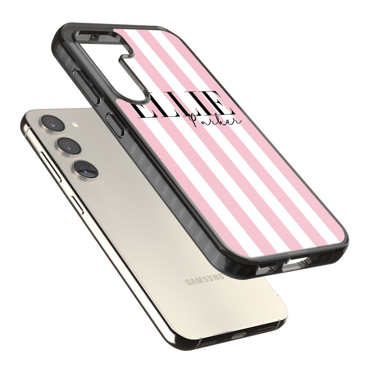 Personalised Pink Stripes Samsung S22 / Samsung S22 Plus / Samsung S23 / Samsung S23 Plus / Samsung S24 / Samsung S24 Plus Impact Black Phone Case angled