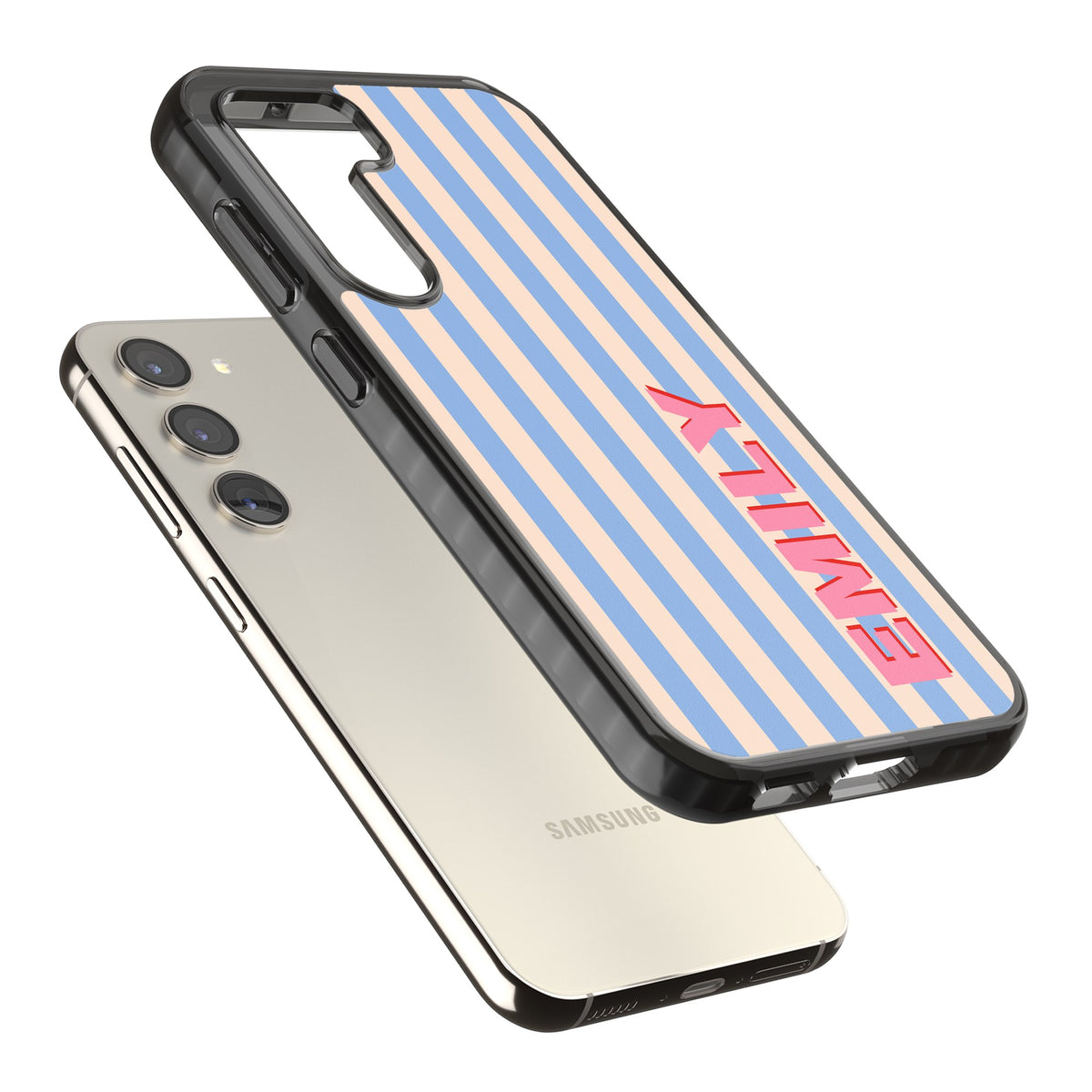 Personalised Coastal Stripe Samsung S22 / Samsung S22 Plus / Samsung S23 / Samsung S23 Plus / Samsung S24 / Samsung S24 Plus Impact Black Phone Case angled