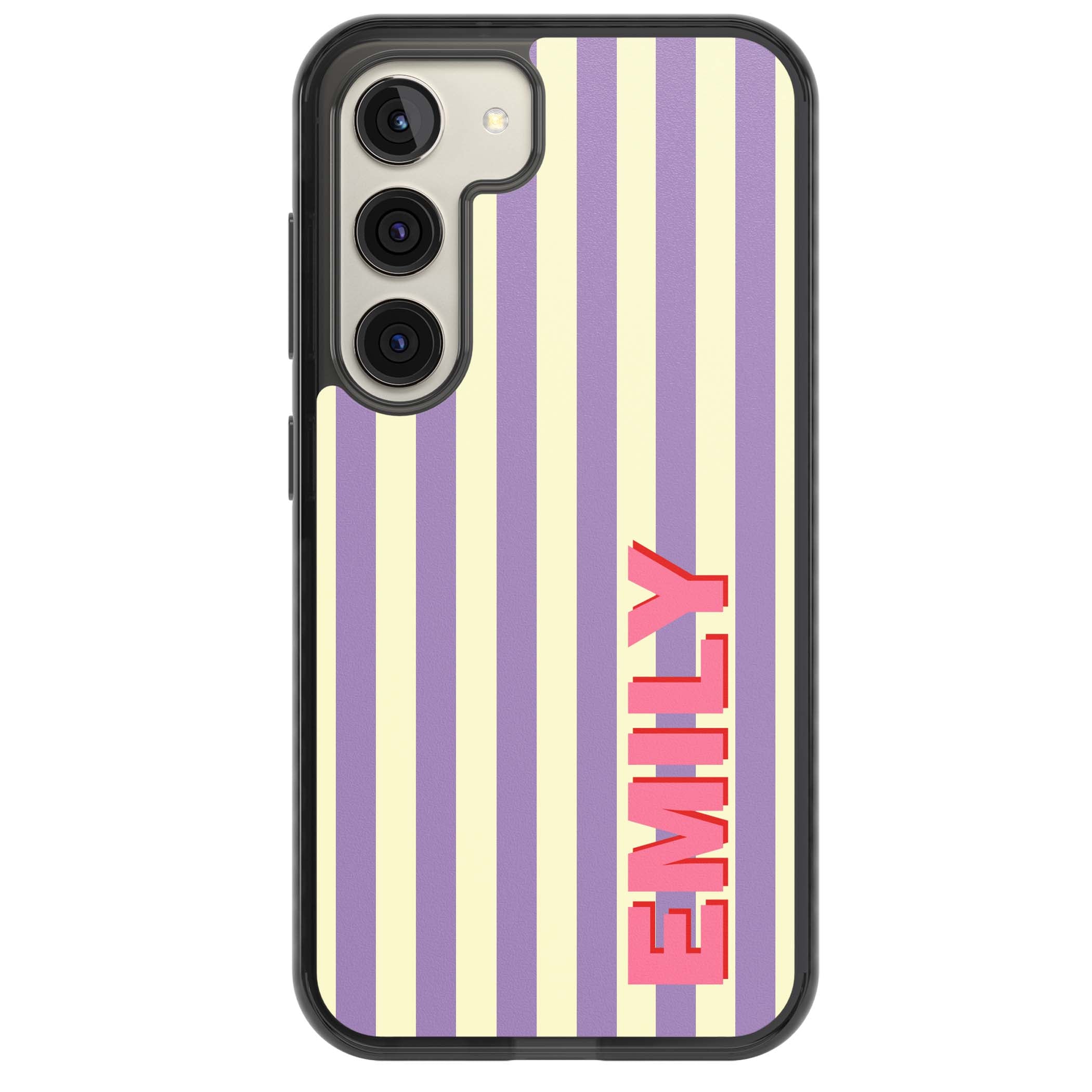 Valensole Stripe personalised iPhone case with purple and cream vertical stripes and pink custom name | Black Impact case for Samsung Galaxy S24, Samsung Galaxy S23, Samsung Galaxy S22