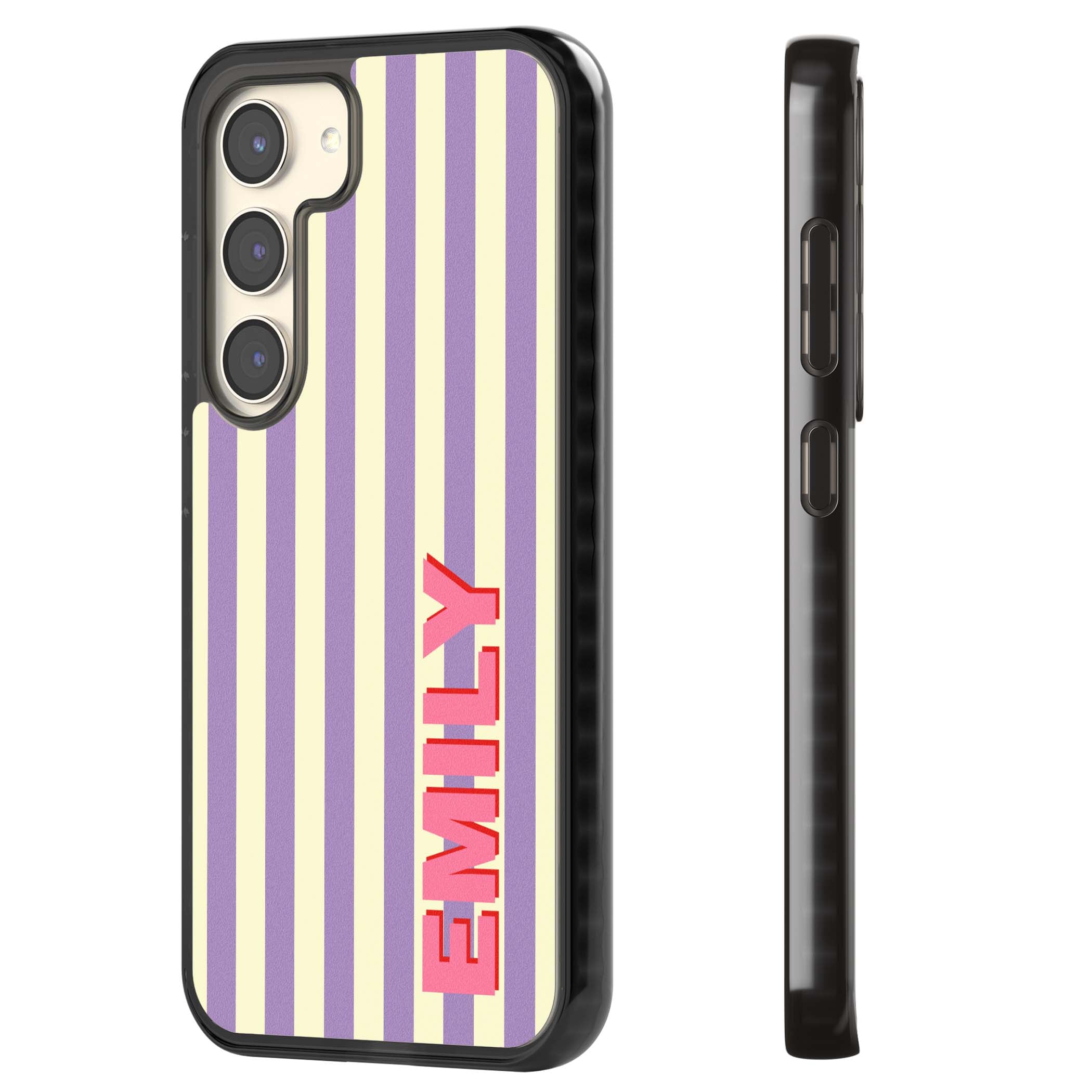 Valensole Stripe personalised iPhone case with purple and cream vertical stripes and pink custom name | Black Impact case for Samsung Galaxy S24, Samsung Galaxy S23, Samsung Galaxy S22