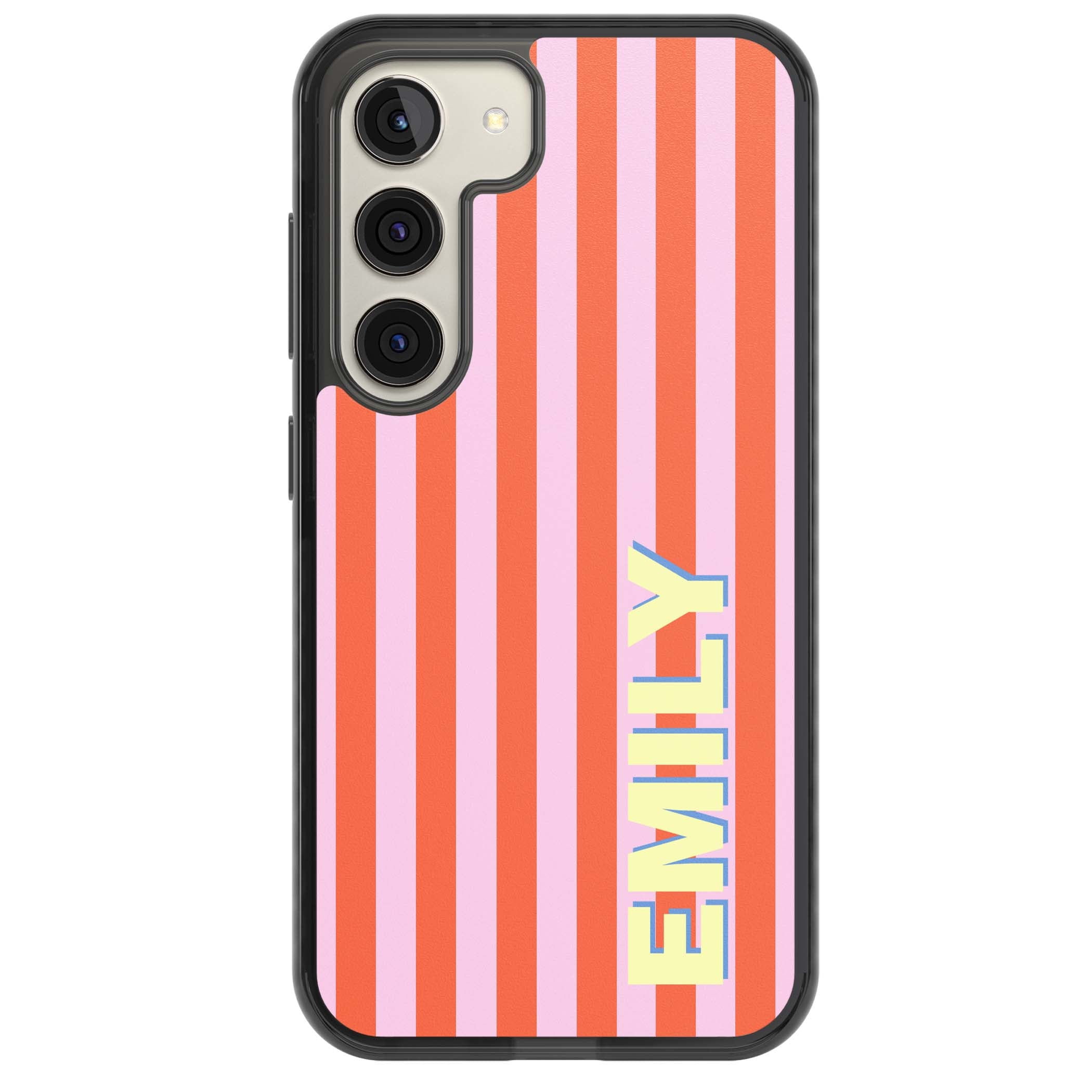Havana Stripe personalised iPhone case featuring pink and orange vertical stripes with a custom yellow name | Black Impact case for Samsung Galaxy S24, Samsung Galaxy S23, Samsung Galaxy S22
