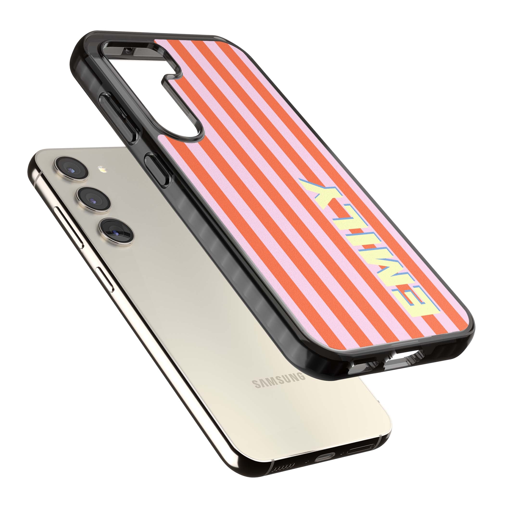 Havana Stripe personalised iPhone case featuring pink and orange vertical stripes with a custom yellow name | Black Impact case for Samsung Galaxy S24, Samsung Galaxy S23, Samsung Galaxy S22