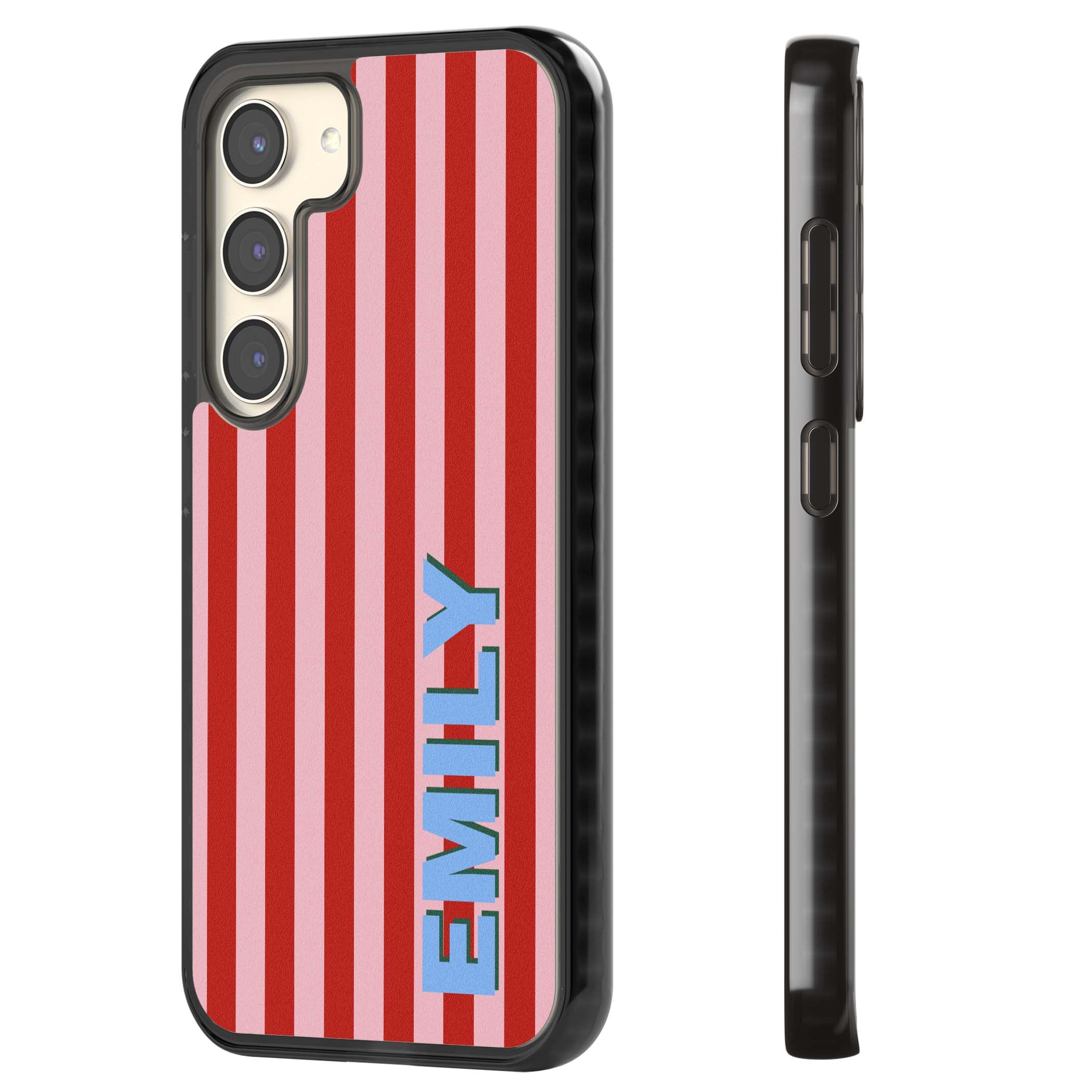 Market Stripe personalised iPhone case with red and pink vertical stripes and custom blue name | Black Impact case for Samsung Galaxy S24, Samsung Galaxy S23, Samsung Galaxy S22