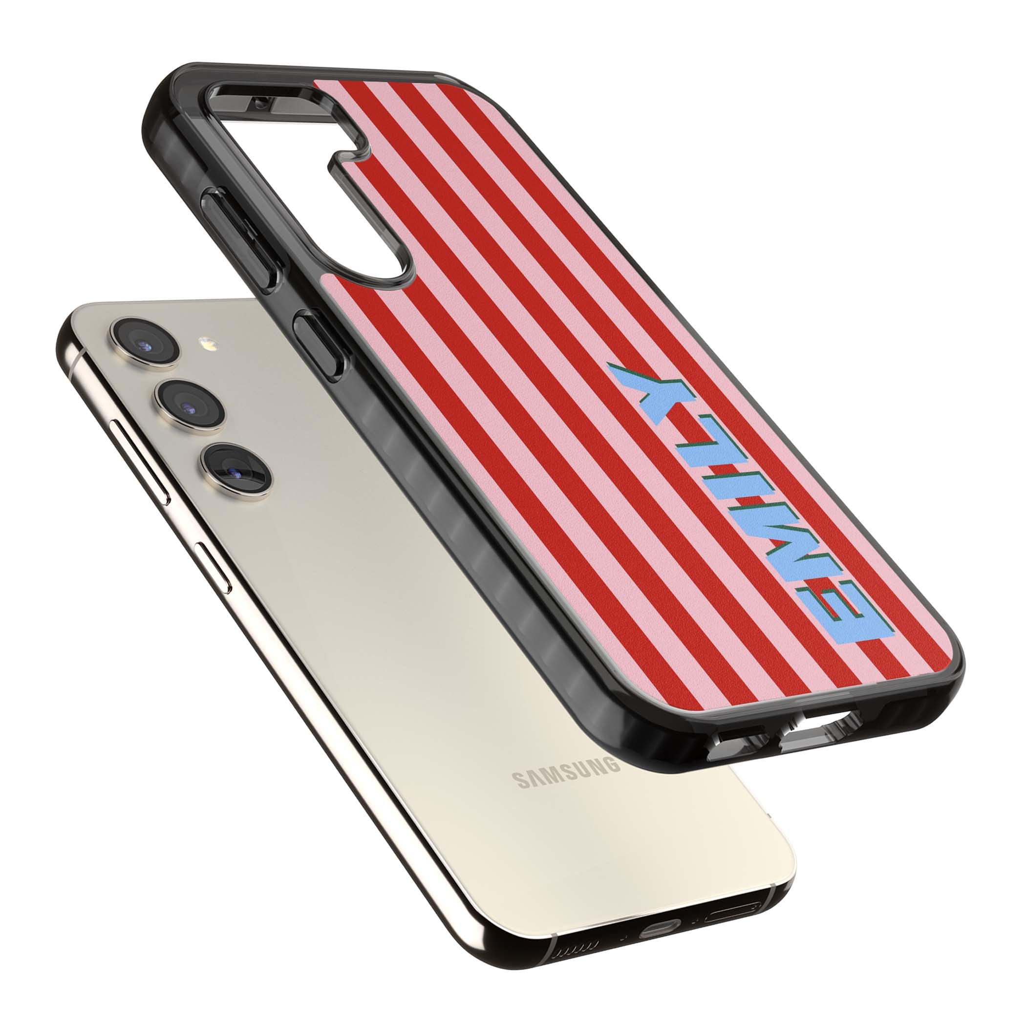 Market Stripe personalised iPhone case with red and pink vertical stripes and custom blue name | Black Impact case for Samsung Galaxy S24, Samsung Galaxy S23, Samsung Galaxy S22