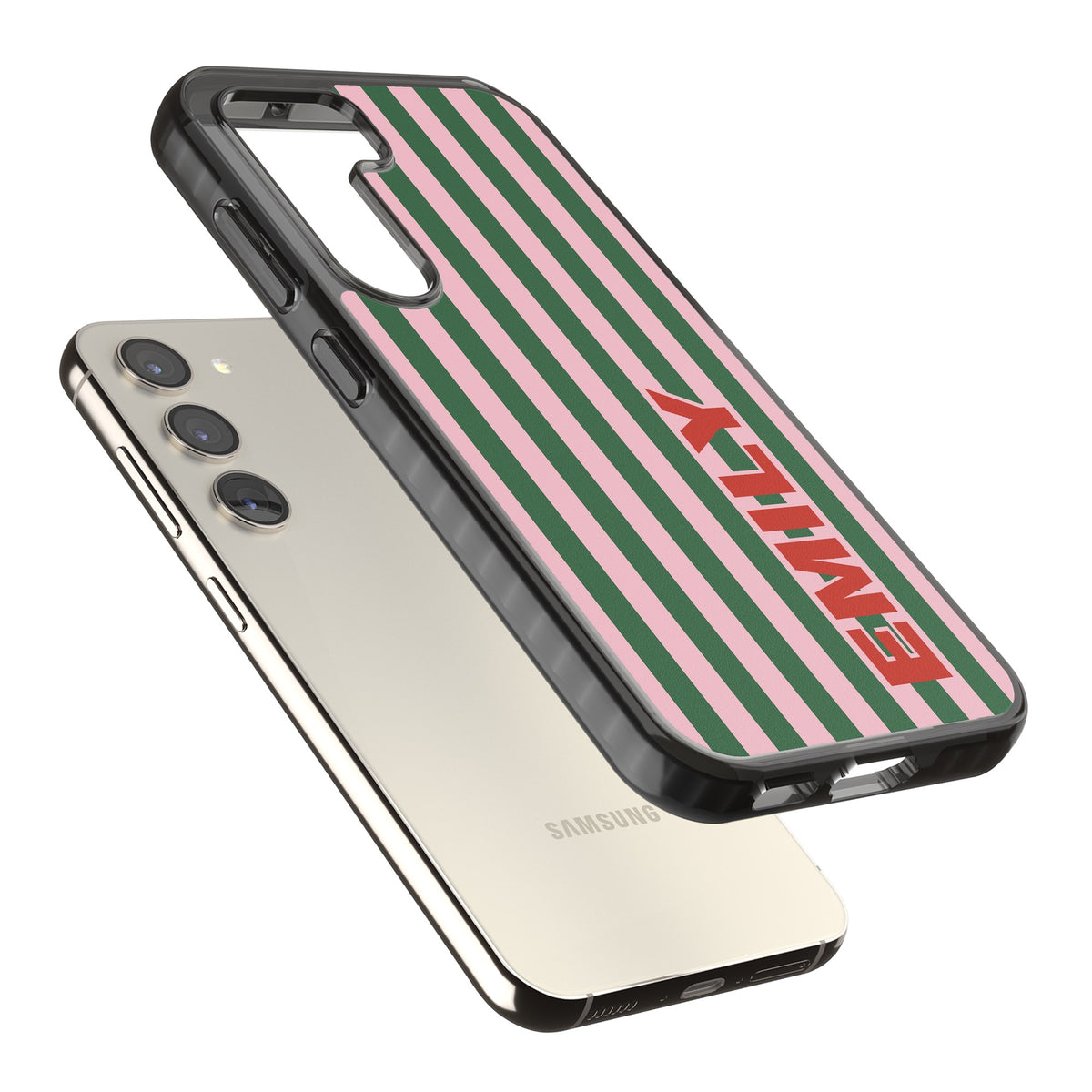 Personalised Italian Stripe Samsung S22 / Samsung S22 Plus / Samsung S23 / Samsung S23 Plus / Samsung S24 / Samsung S24 Plus Impact Black Phone Case angled