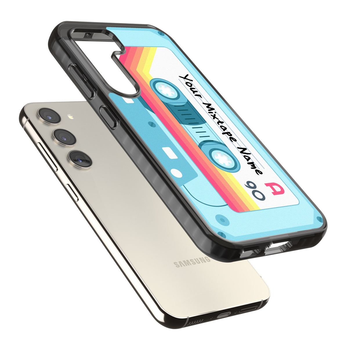 Personalised Retro Mixtape Sporty Samsung S22 / Samsung S22 Plus / Samsung S23 / Samsung S23 Plus / Samsung S24 / Samsung S24 Plus Impact Black Phone Case angled