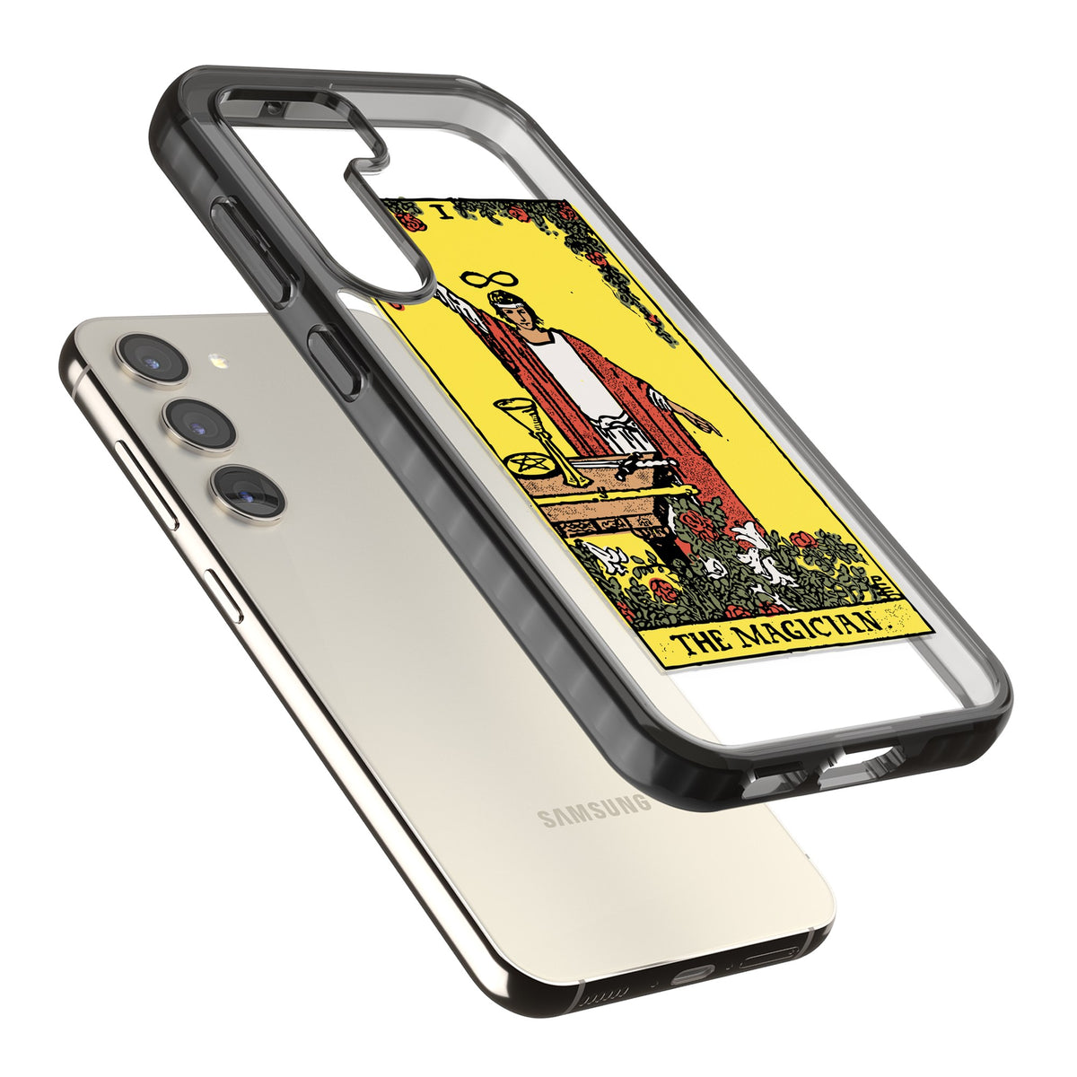 Personalised The Magician Tarot Card (Color) Samsung S22 / Samsung S22 Plus / Samsung S23 / Samsung S23 Plus / Samsung S24 / Samsung S24 Plus Impact Black Phone Case angled