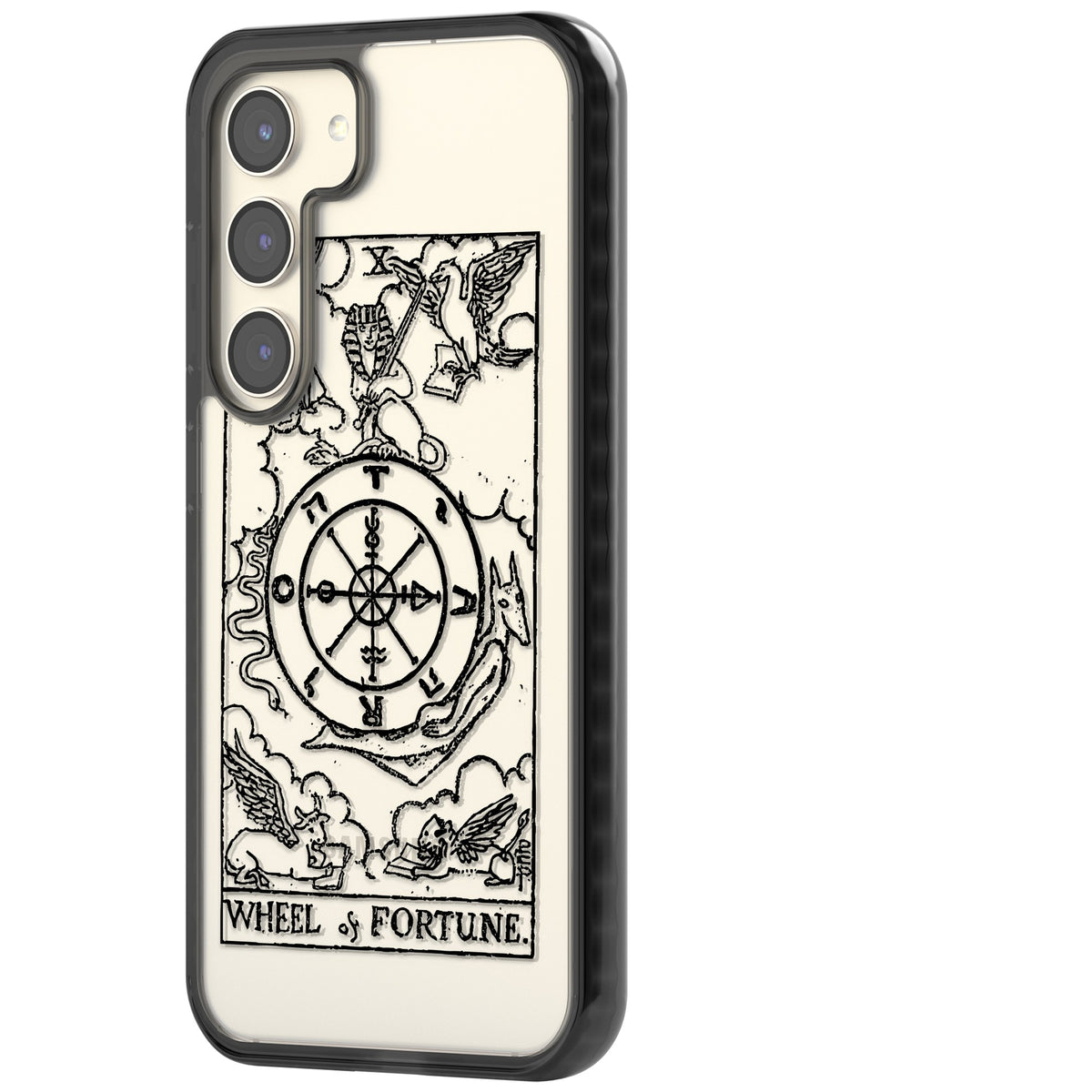 Personalised Wheel Of Fortune Tarot Transparent Samsung S22 / Samsung S22 Plus / Samsung S23 / Samsung S23 Plus / Samsung S24 / Samsung S24 Plus Impact Black Phone Case side
