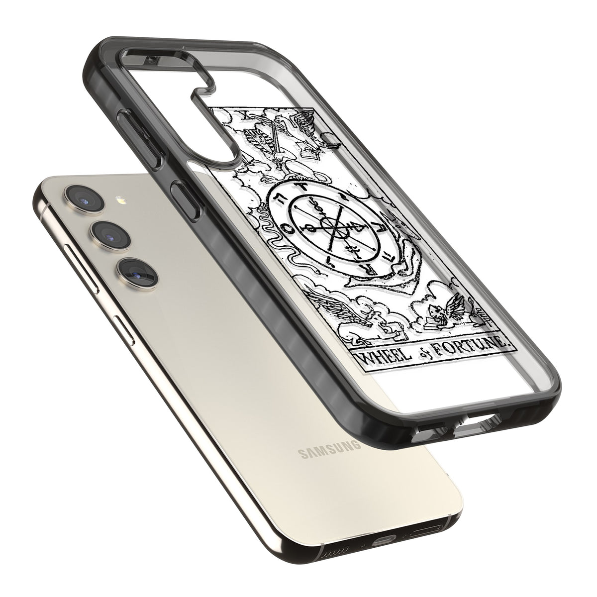 Personalised Wheel Of Fortune Tarot Transparent Samsung S22 / Samsung S22 Plus / Samsung S23 / Samsung S23 Plus / Samsung S24 / Samsung S24 Plus Impact Black Phone Case angled