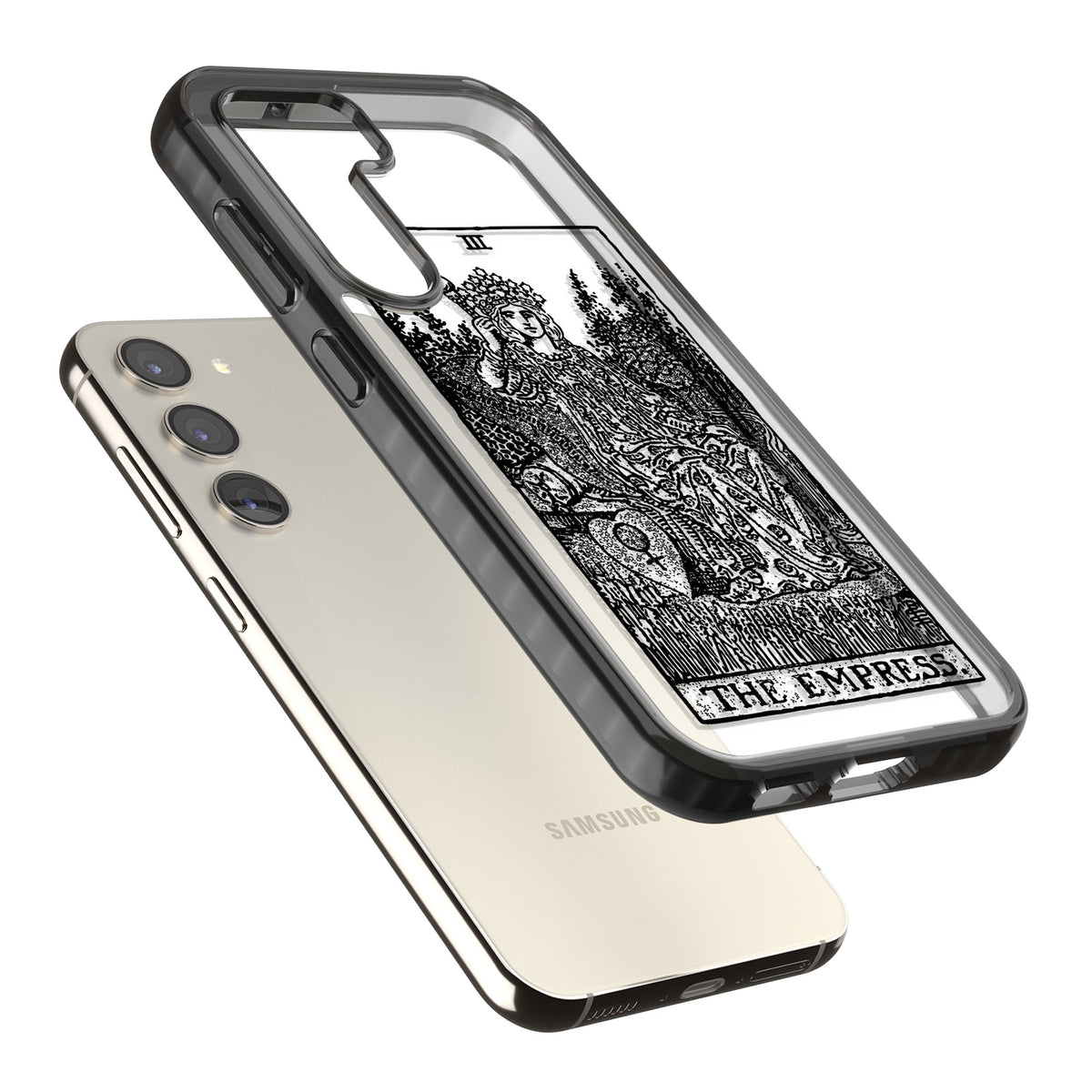 Personalised The Empress Tarot Card (Clear) Samsung S22 / Samsung S22 Plus / Samsung S23 / Samsung S23 Plus / Samsung S24 / Samsung S24 Plus Impact Black Phone Case angled