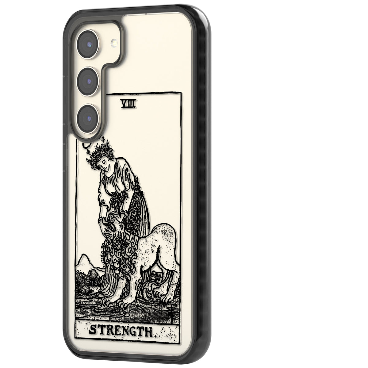 Personalised Strength Tarot Card (Clear) Samsung S22 / Samsung S22 Plus / Samsung S23 / Samsung S23 Plus / Samsung S24 / Samsung S24 Plus Impact Black Phone Case side