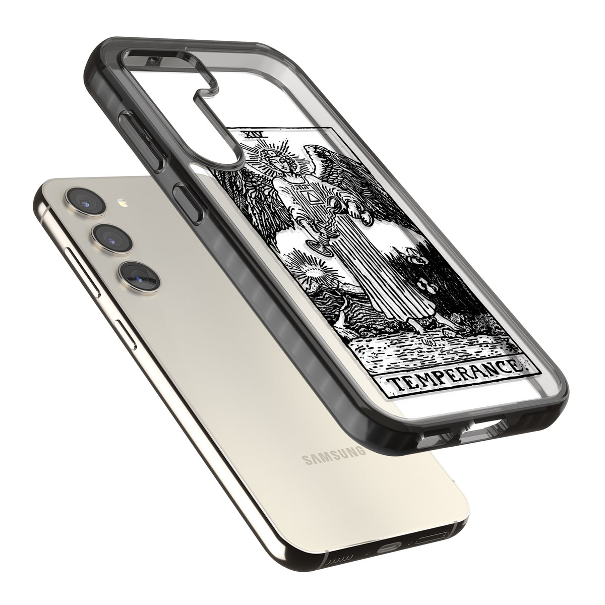 Personalised Temperance Tarot Card (Clear) Samsung S22 / Samsung S22 Plus / Samsung S23 / Samsung S23 Plus / Samsung S24 / Samsung S24 Plus Impact Black Phone Case angled