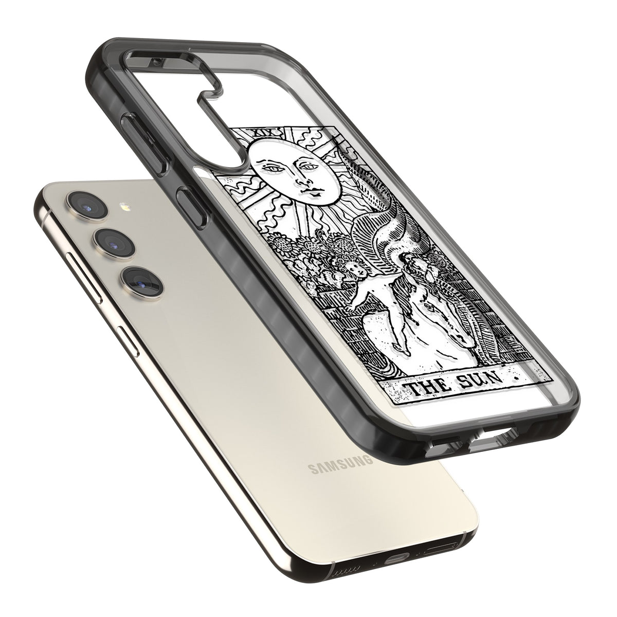 Personalised The Sun Tarot Card (Clear) Samsung S22 / Samsung S22 Plus / Samsung S23 / Samsung S23 Plus / Samsung S24 / Samsung S24 Plus Impact Black Phone Case angled
