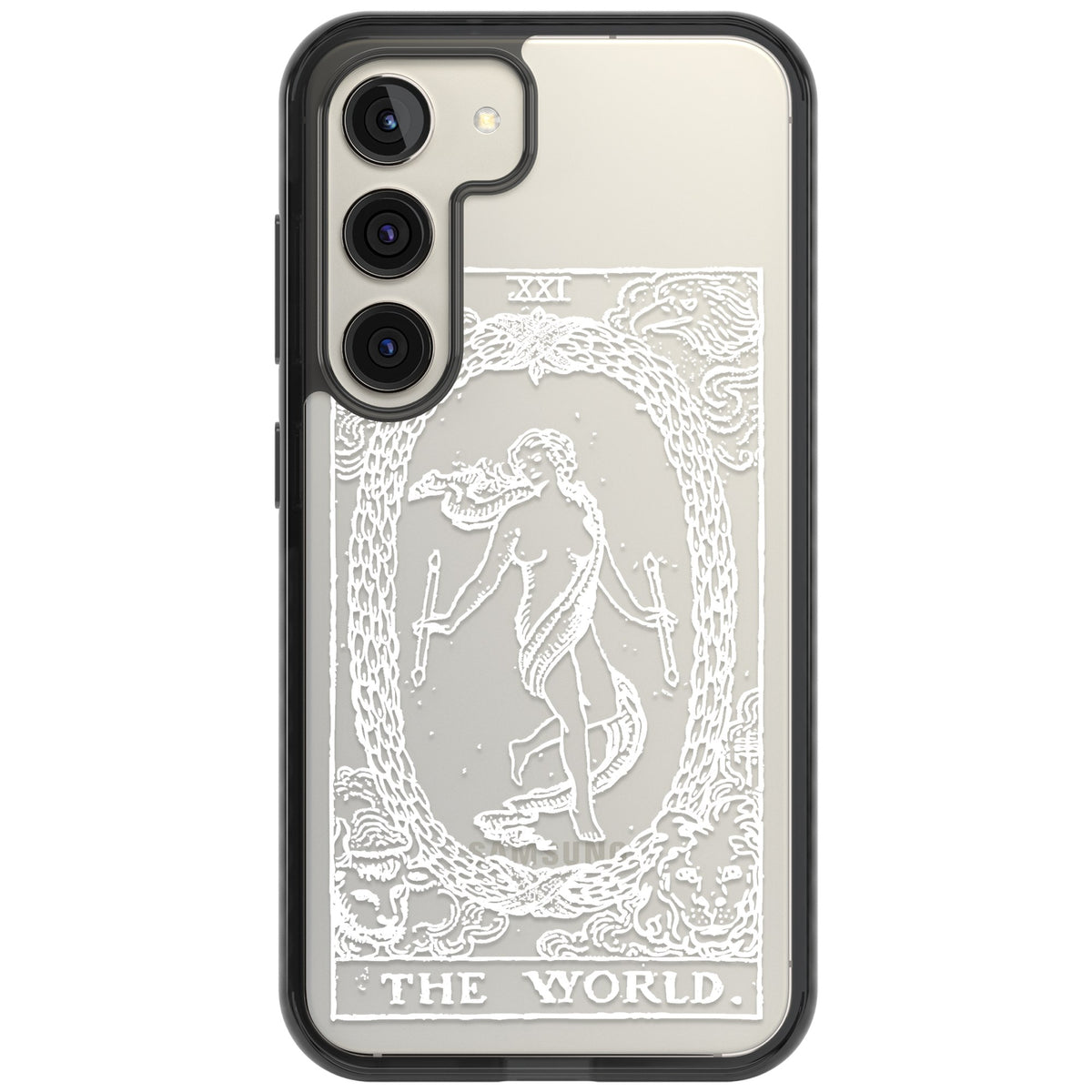 Personalised The World Tarot Card (White) Samsung S22 / Samsung S22 Plus / Samsung S23 / Samsung S23 Plus / Samsung S24 / Samsung S24 Plus Impact Black Phone Case front
