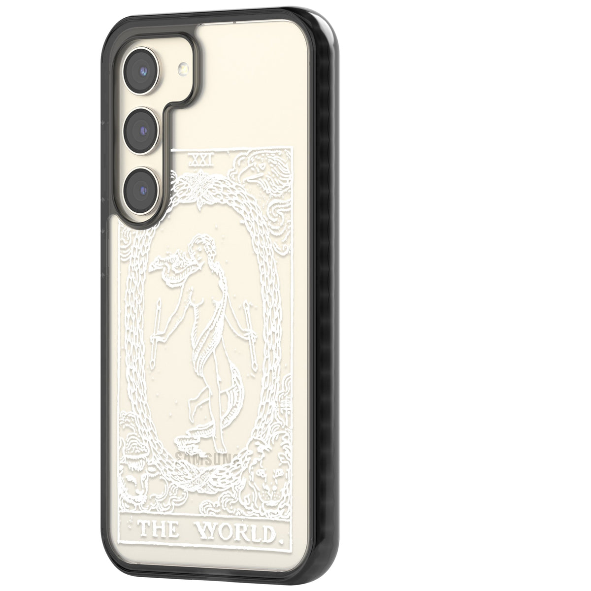 Personalised The World Tarot Card (White) Samsung S22 / Samsung S22 Plus / Samsung S23 / Samsung S23 Plus / Samsung S24 / Samsung S24 Plus Impact Black Phone Case side