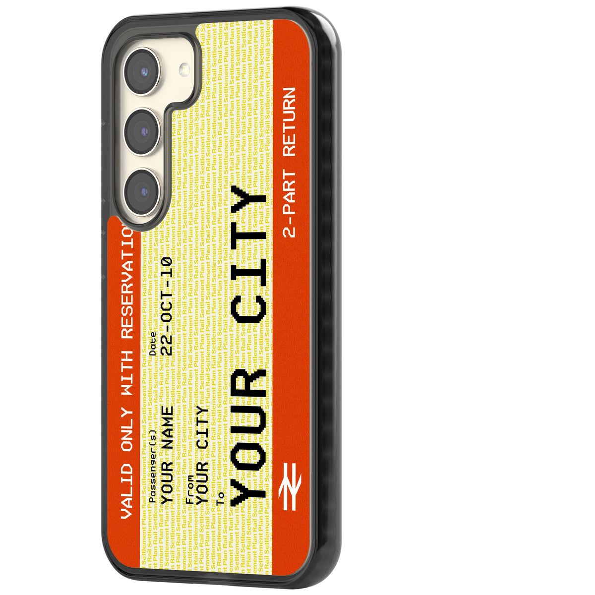 Personalised Create Your Own Train Ticket Samsung S22 / Samsung S22 Plus / Samsung S23 / Samsung S23 Plus / Samsung S24 / Samsung S24 Plus Impact Black Phone Case side