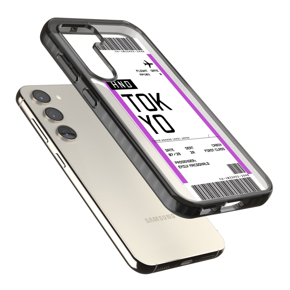 Personalised Tokyo Boarding Pass Samsung S22 / Samsung S22 Plus / Samsung S23 / Samsung S23 Plus / Samsung S24 / Samsung S24 Plus Impact Black Phone Case angled