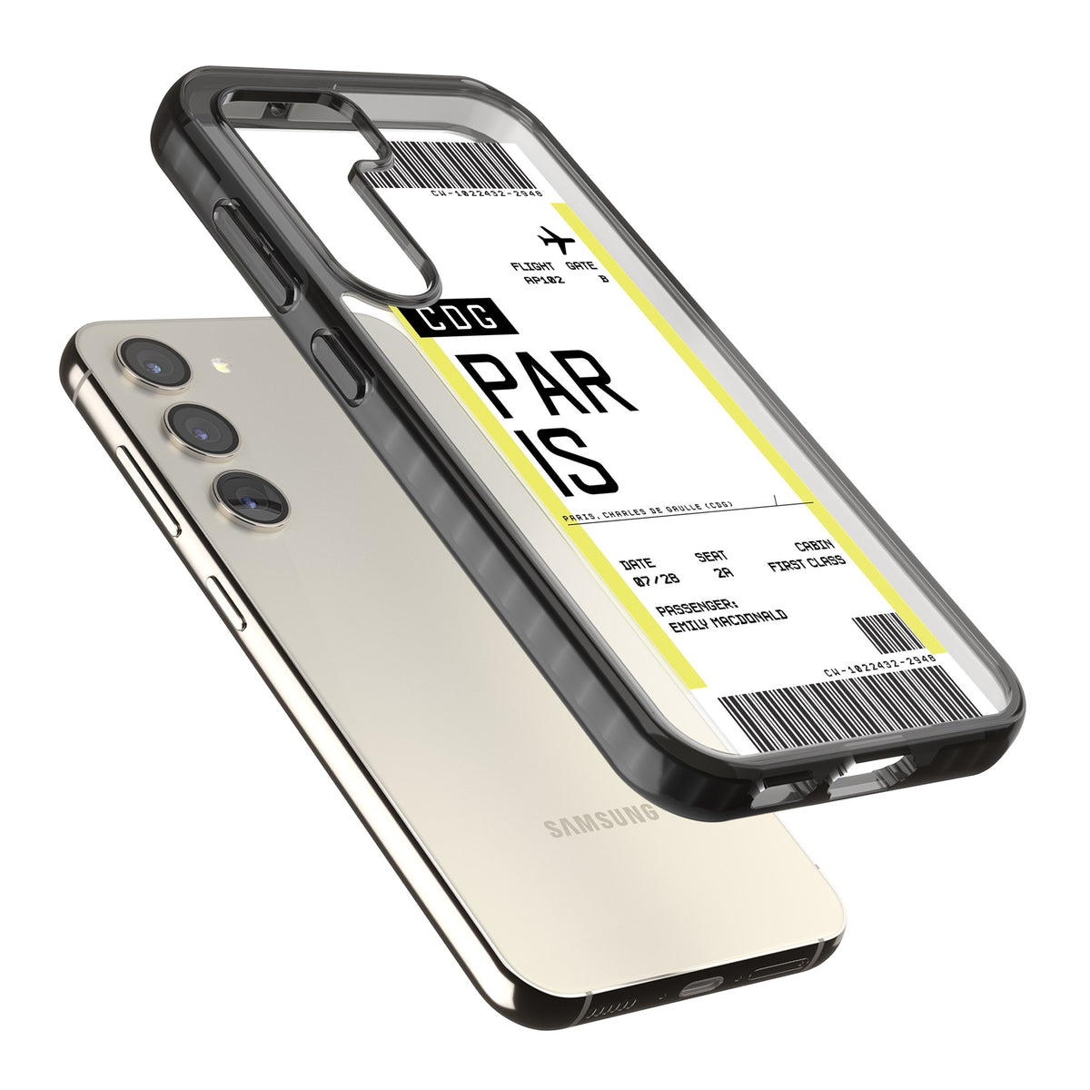 Personalised Paris Boarding Pass Samsung S22 / Samsung S22 Plus / Samsung S23 / Samsung S23 Plus / Samsung S24 / Samsung S24 Plus Impact Black Phone Case angled