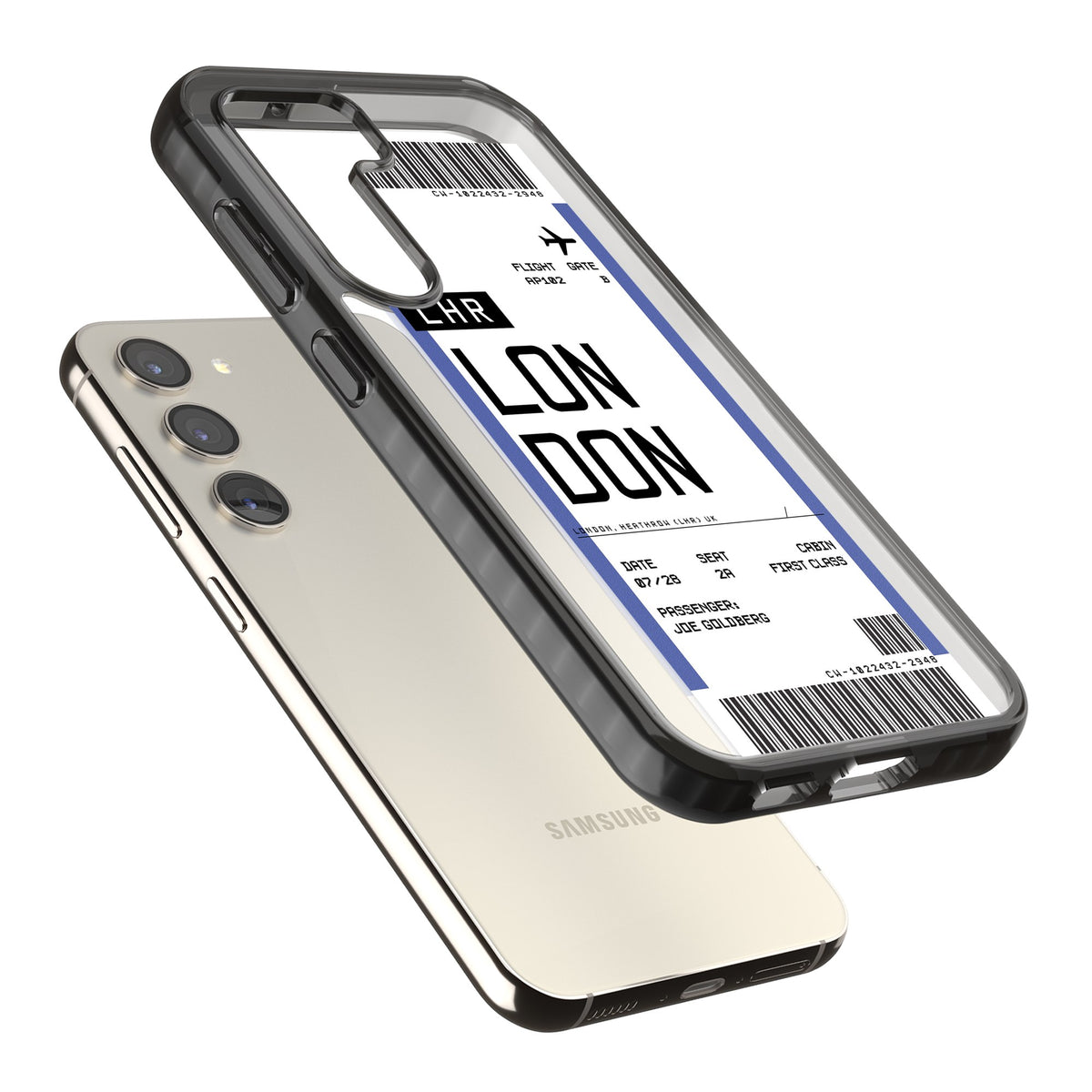 Personalised London Boarding Pass Samsung S22 / Samsung S22 Plus / Samsung S23 / Samsung S23 Plus / Samsung S24 / Samsung S24 Plus Impact Black Phone Case angled