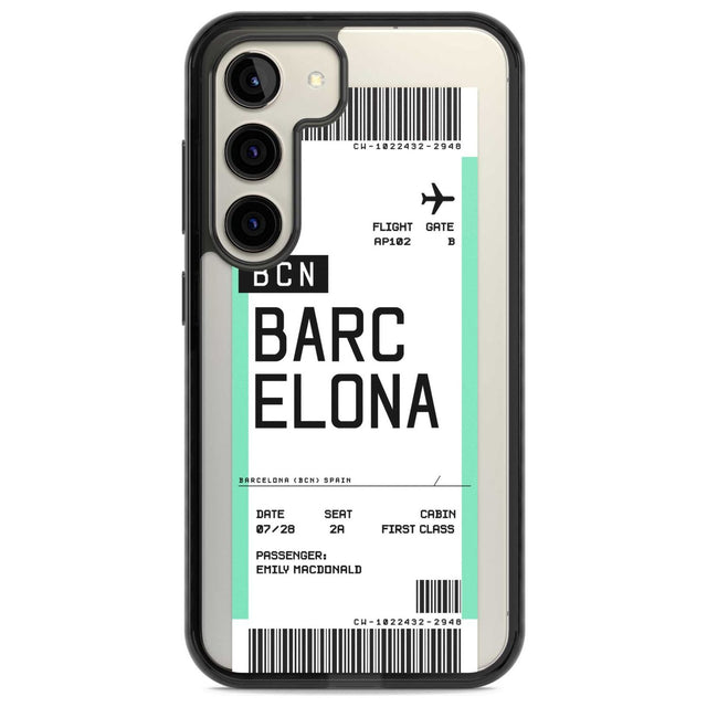 Personalised Barcelona Boarding Pass Custom Phone Case Samsung S22 / Black Impact Case,Samsung S23 / Black Impact Case Blanc Space