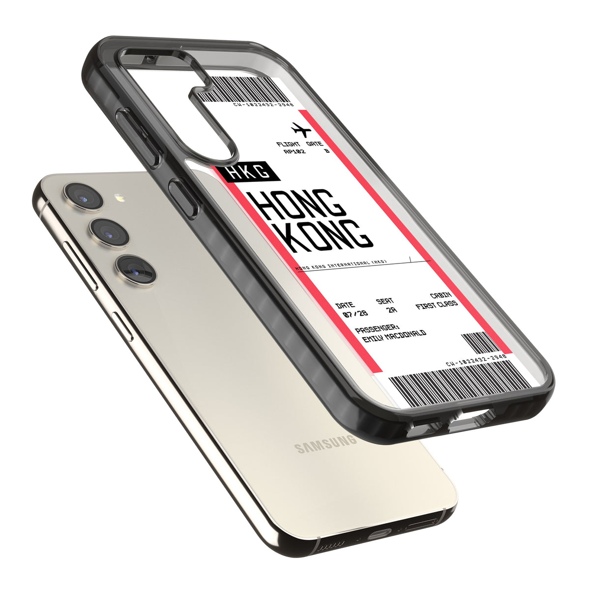 Personalised Hong Kong Boarding Pass Samsung S22 / Samsung S22 Plus / Samsung S23 / Samsung S23 Plus / Samsung S24 / Samsung S24 Plus Impact Black Phone Case angled
