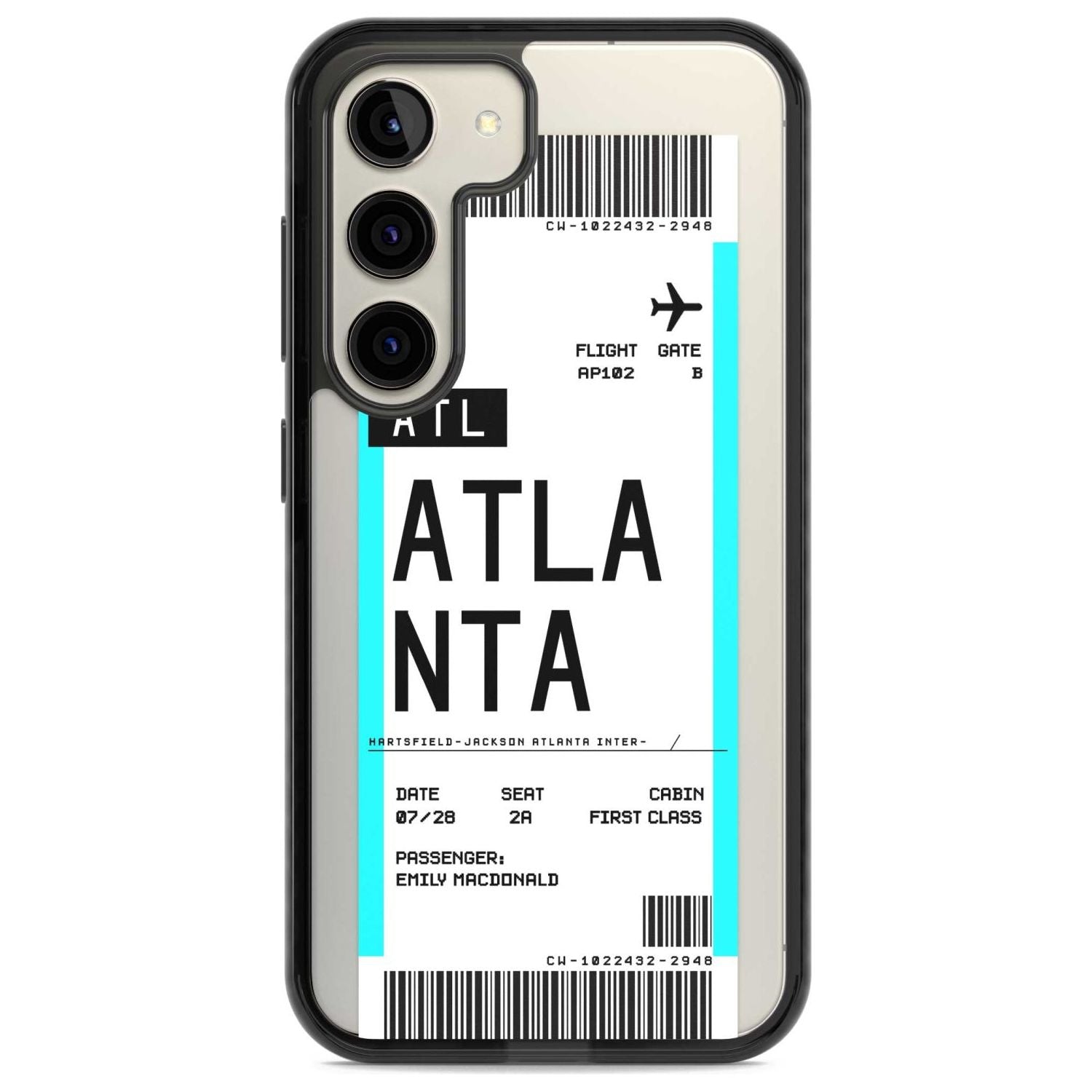 Personalised Atlanta Boarding Pass Custom Phone Case Samsung S22 / Black Impact Case,Samsung S23 / Black Impact Case Blanc Space