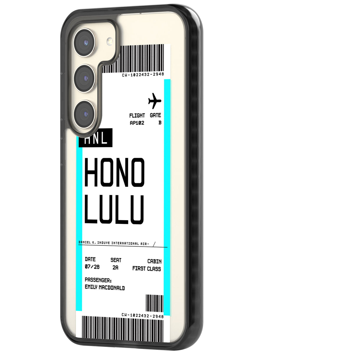 Personalised Honolulu Boarding Pass Samsung S22 / Samsung S22 Plus / Samsung S23 / Samsung S23 Plus / Samsung S24 / Samsung S24 Plus Impact Black Phone Case side
