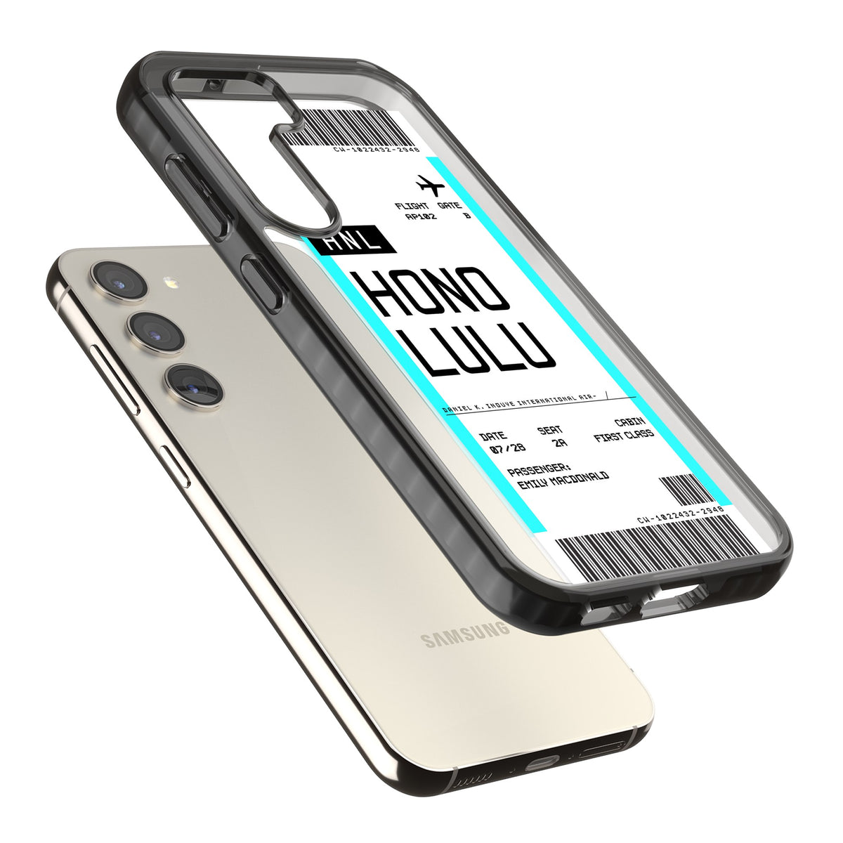 Personalised Honolulu Boarding Pass Samsung S22 / Samsung S22 Plus / Samsung S23 / Samsung S23 Plus / Samsung S24 / Samsung S24 Plus Impact Black Phone Case angled