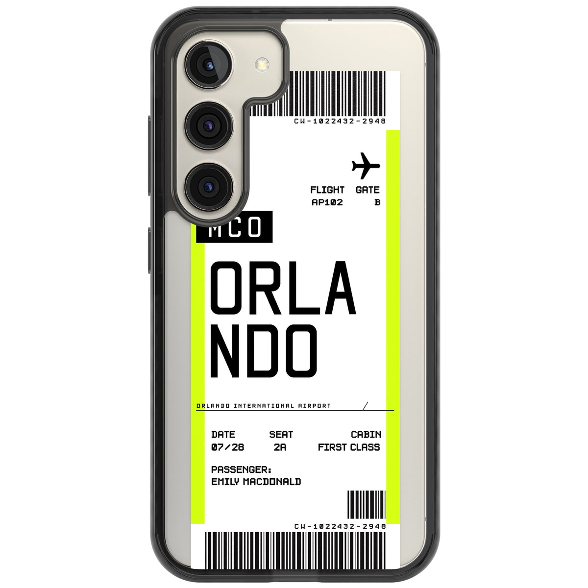 Personalised Orlando Boarding Pass Samsung S22 / Samsung S22 Plus / Samsung S23 / Samsung S23 Plus / Samsung S24 / Samsung S24 Plus Impact Black Phone Case front