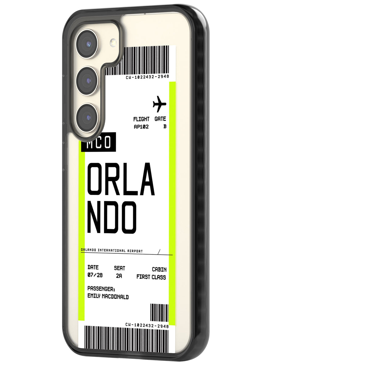 Personalised Orlando Boarding Pass Samsung S22 / Samsung S22 Plus / Samsung S23 / Samsung S23 Plus / Samsung S24 / Samsung S24 Plus Impact Black Phone Case side