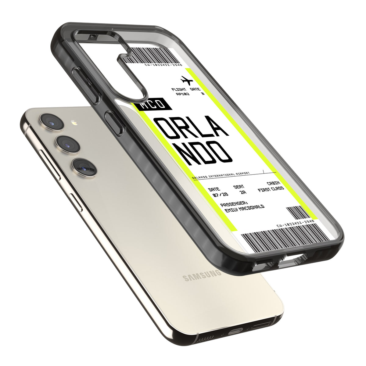 Personalised Orlando Boarding Pass Samsung S22 / Samsung S22 Plus / Samsung S23 / Samsung S23 Plus / Samsung S24 / Samsung S24 Plus Impact Black Phone Case angled