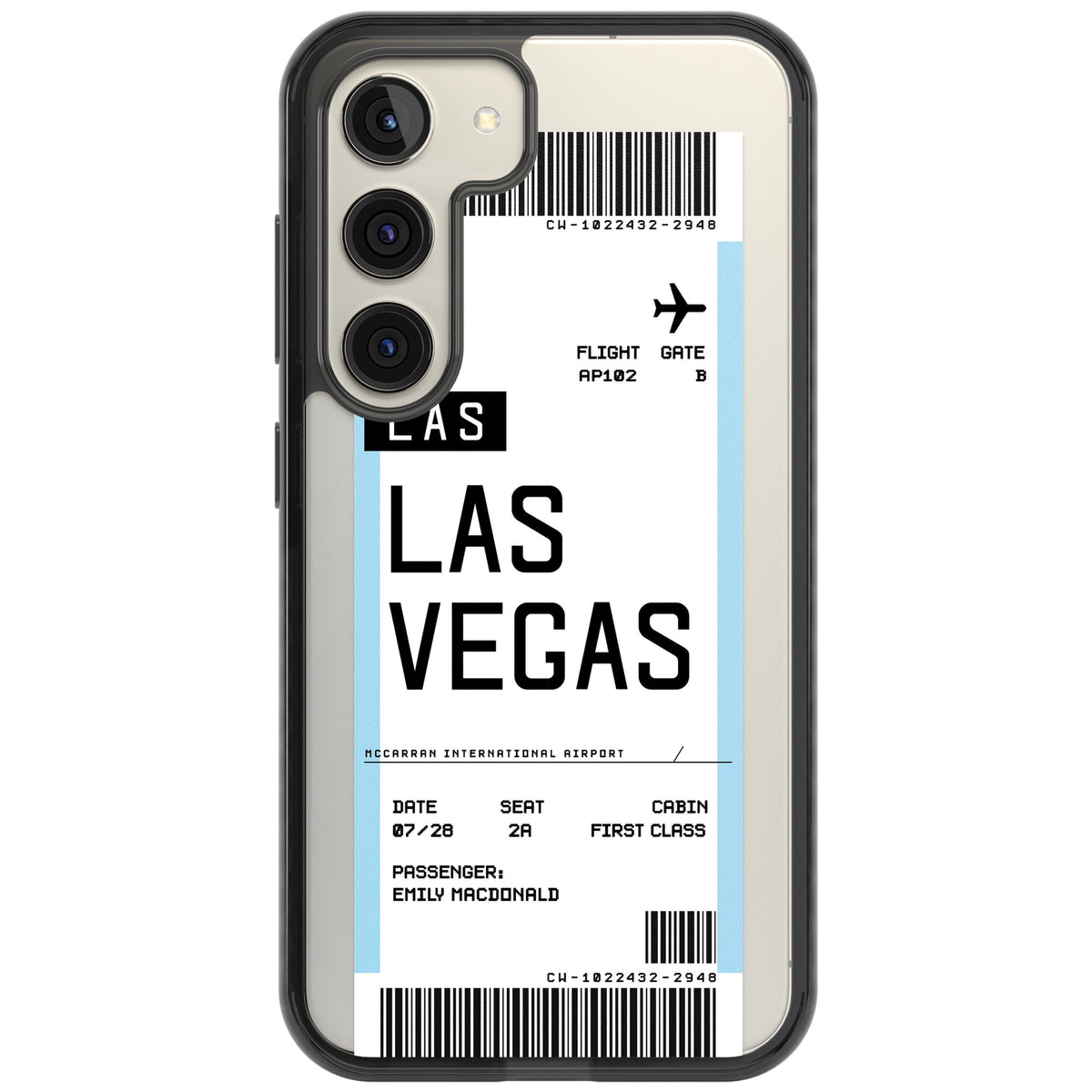 Personalised Las Vegas Boarding Pass Samsung S22 / Samsung S22 Plus / Samsung S23 / Samsung S23 Plus / Samsung S24 / Samsung S24 Plus Impact Black Phone Case front