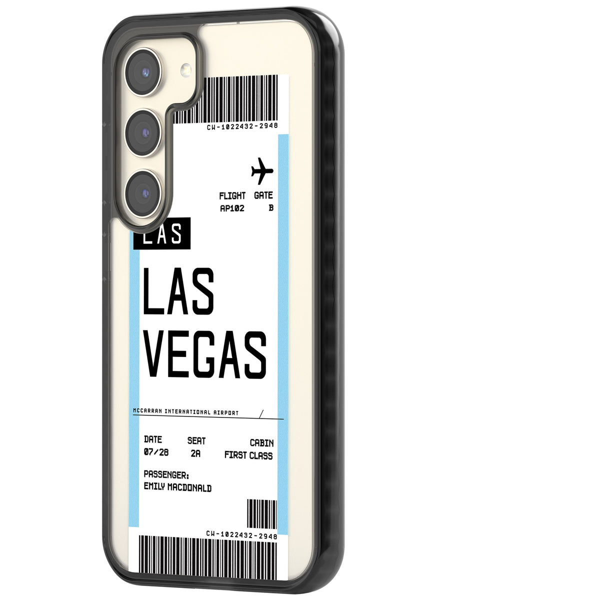 Personalised Las Vegas Boarding Pass Samsung S22 / Samsung S22 Plus / Samsung S23 / Samsung S23 Plus / Samsung S24 / Samsung S24 Plus Impact Black Phone Case side