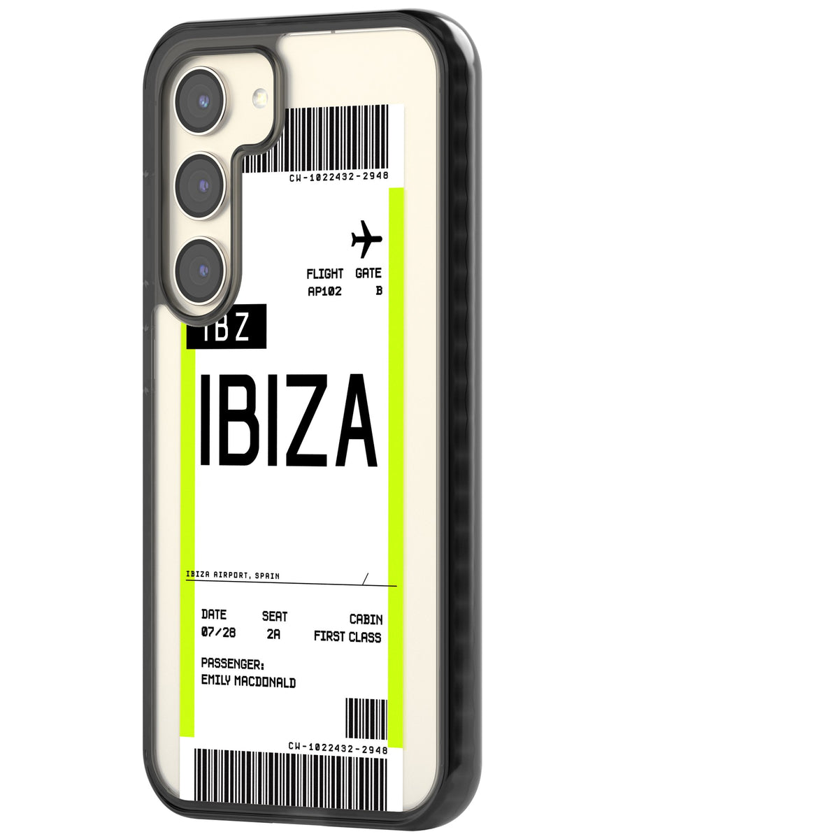 Personalised Ibiza Boarding Pass Samsung S22 / Samsung S22 Plus / Samsung S23 / Samsung S23 Plus / Samsung S24 / Samsung S24 Plus Impact Black Phone Case side