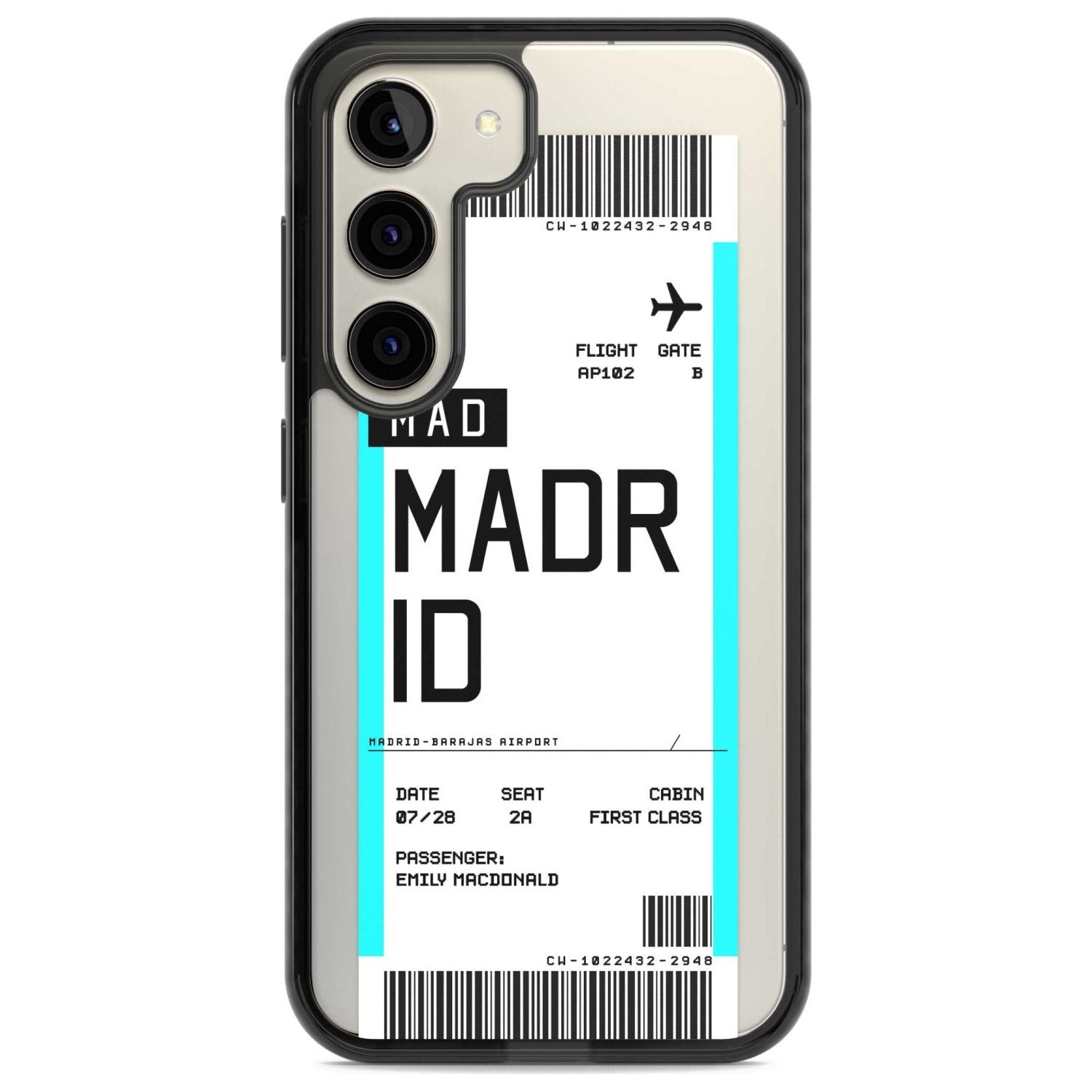 Personalised Madrid Boarding Pass Custom Phone Case Samsung S22 / Black Impact Case,Samsung S23 / Black Impact Case Blanc Space