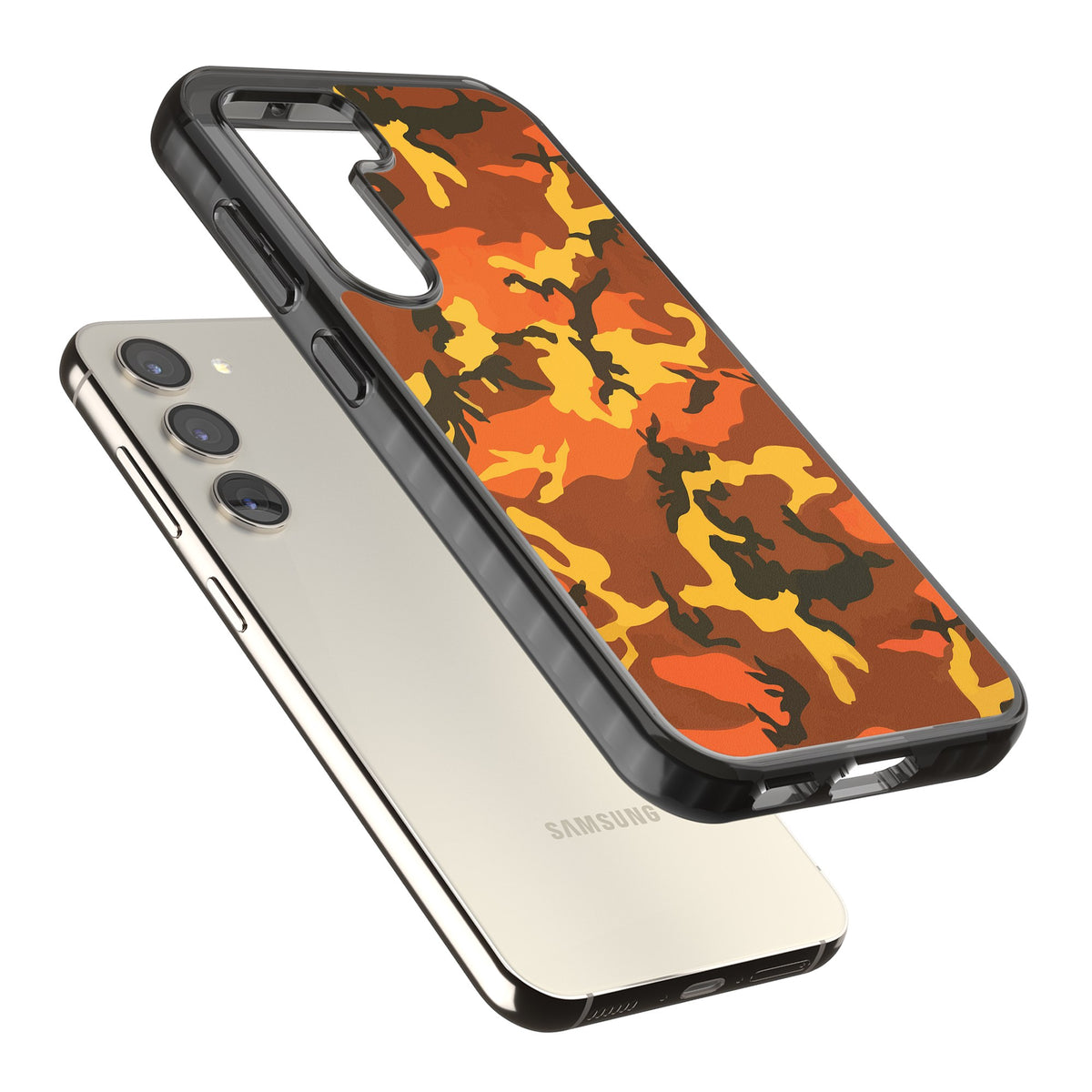 Orange Camo Samsung S22 / Samsung S22 Plus / Samsung S23 / Samsung S23 Plus / Samsung S24 / Samsung S24 Plus Impact Black Phone Case angled