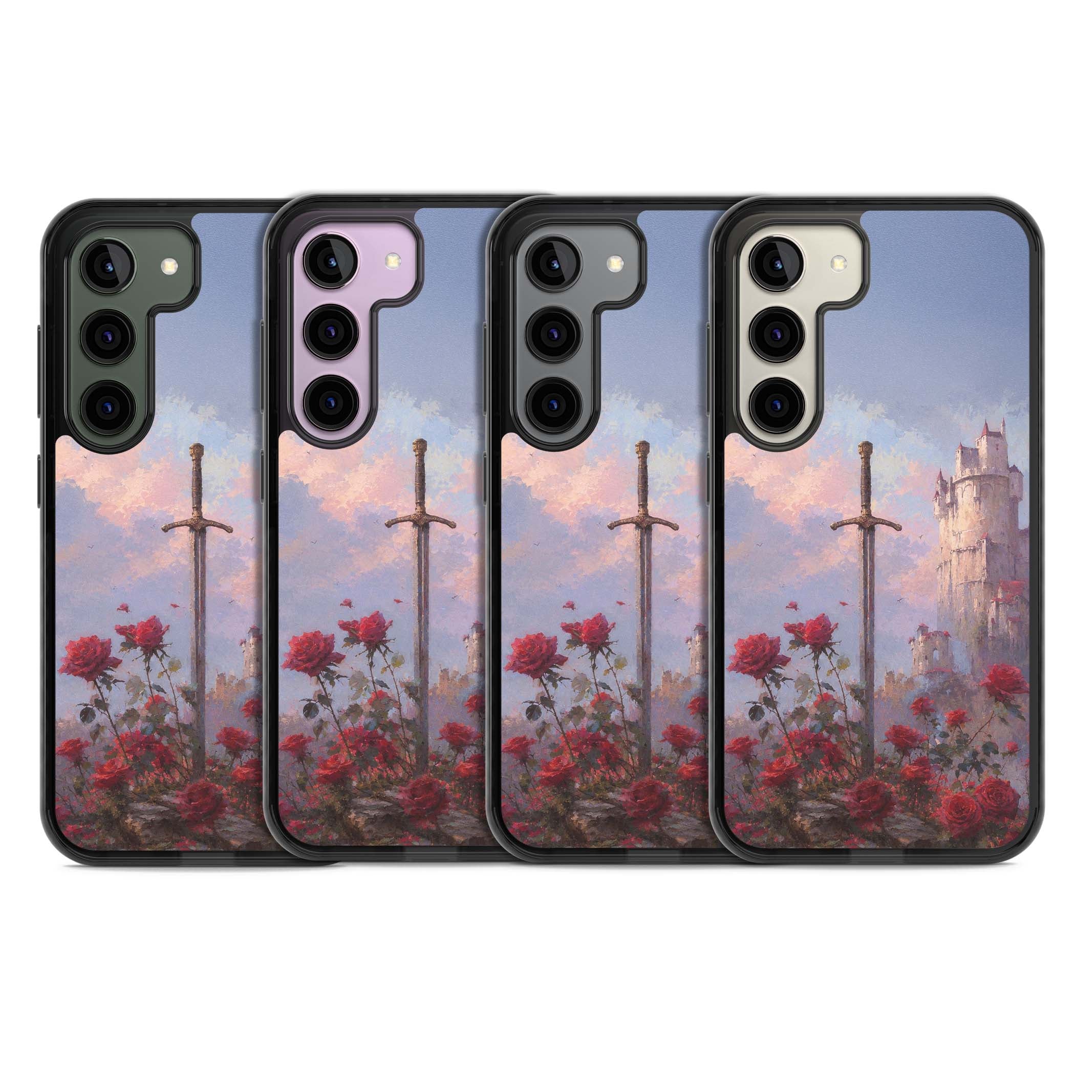 Sword in Roses medieval art iPhone case featuring a sword, red roses, and a misty fairytale castle at sunset | Black Impact case for Samsung Galaxy S24, Samsung Galaxy S23, Samsung Galaxy S22