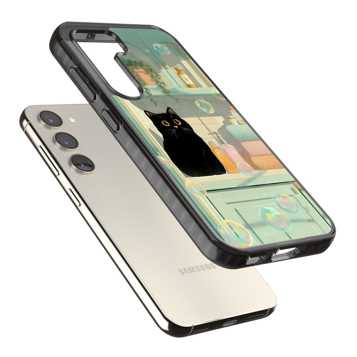 Bathroom Bubble Kitty Samsung S22 / Samsung S22 Plus / Samsung S23 / Samsung S23 Plus / Samsung S24 / Samsung S24 Plus Impact Black Phone Case angled