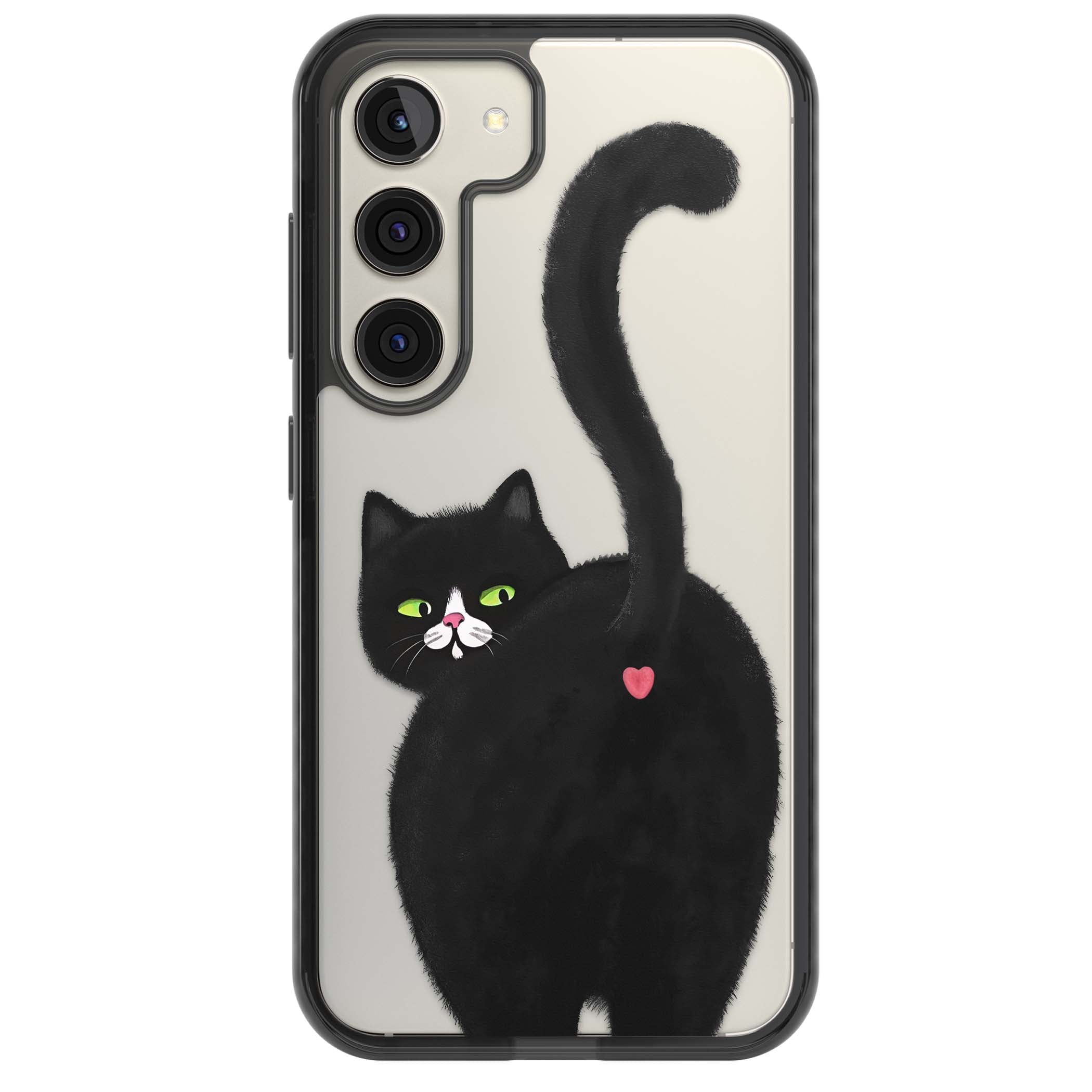 The Cat's Kiss cute cat iPhone case featuring a hand-painted tuxedo kitty with green eyes and a pink heart on a clear  | Black Impact case for Samsung Galaxy S24, Samsung Galaxy S23, Samsung Galaxy S22