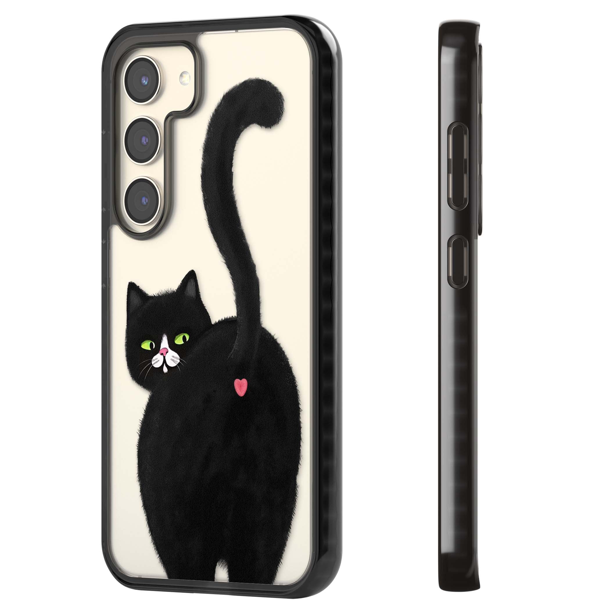 The Cat's Kiss cute cat iPhone case featuring a hand-painted tuxedo kitty with green eyes and a pink heart on a clear  | Black Impact case for Samsung Galaxy S24, Samsung Galaxy S23, Samsung Galaxy S22
