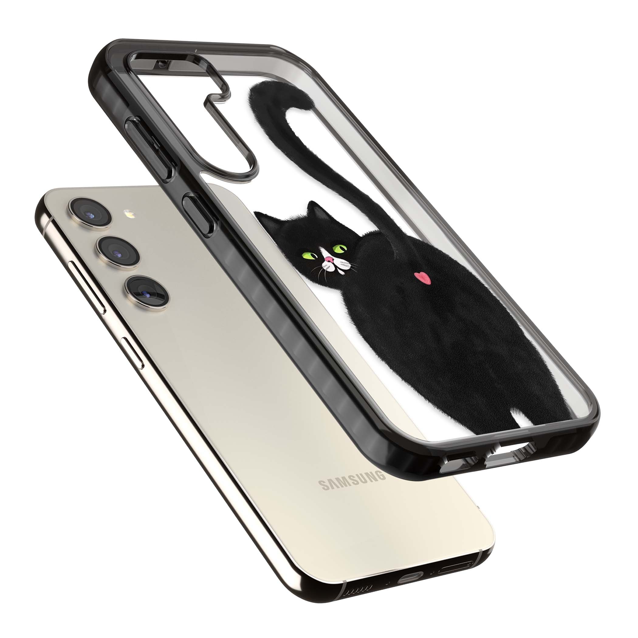 The Cat's Kiss cute cat iPhone case featuring a hand-painted tuxedo kitty with green eyes and a pink heart on a clear  | Black Impact case for Samsung Galaxy S24, Samsung Galaxy S23, Samsung Galaxy S22