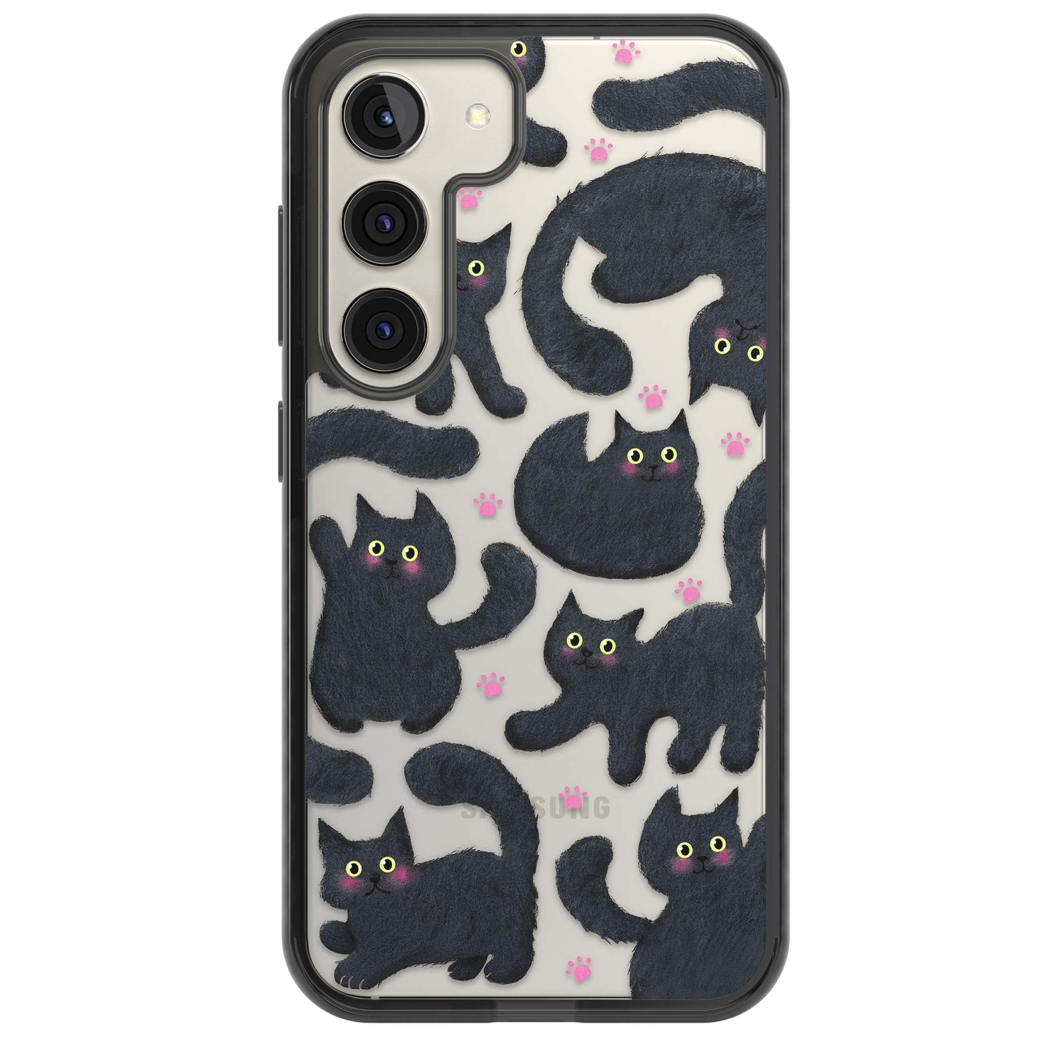 Midnight Cats cute iPhone case featuring black cat pattern with yellow eyes and pink paw prints | Black Impact case for Samsung Galaxy S24, Samsung Galaxy S23, Samsung Galaxy S22