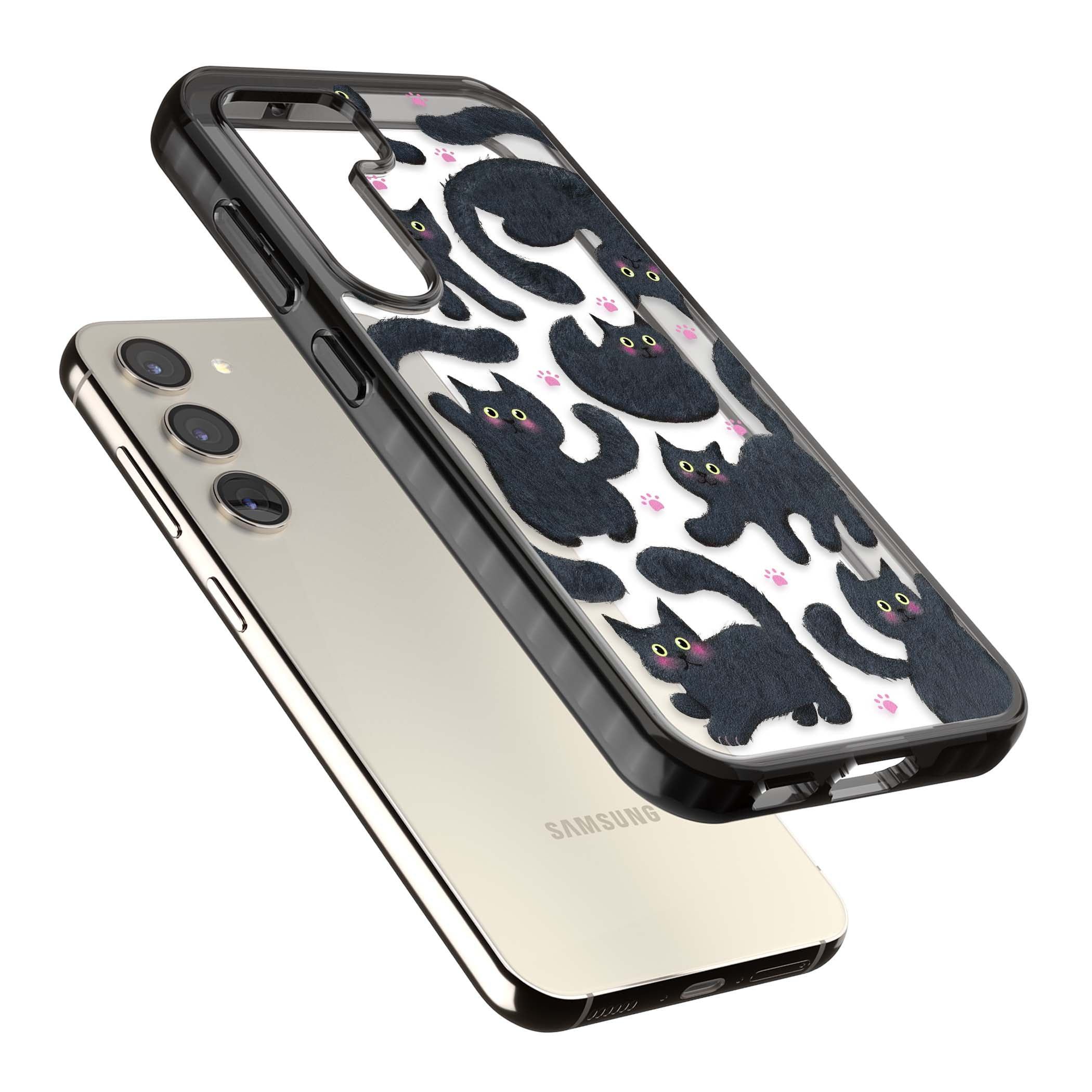 Midnight Cats cute iPhone case featuring black cat pattern with yellow eyes and pink paw prints | Black Impact case for Samsung Galaxy S24, Samsung Galaxy S23, Samsung Galaxy S22