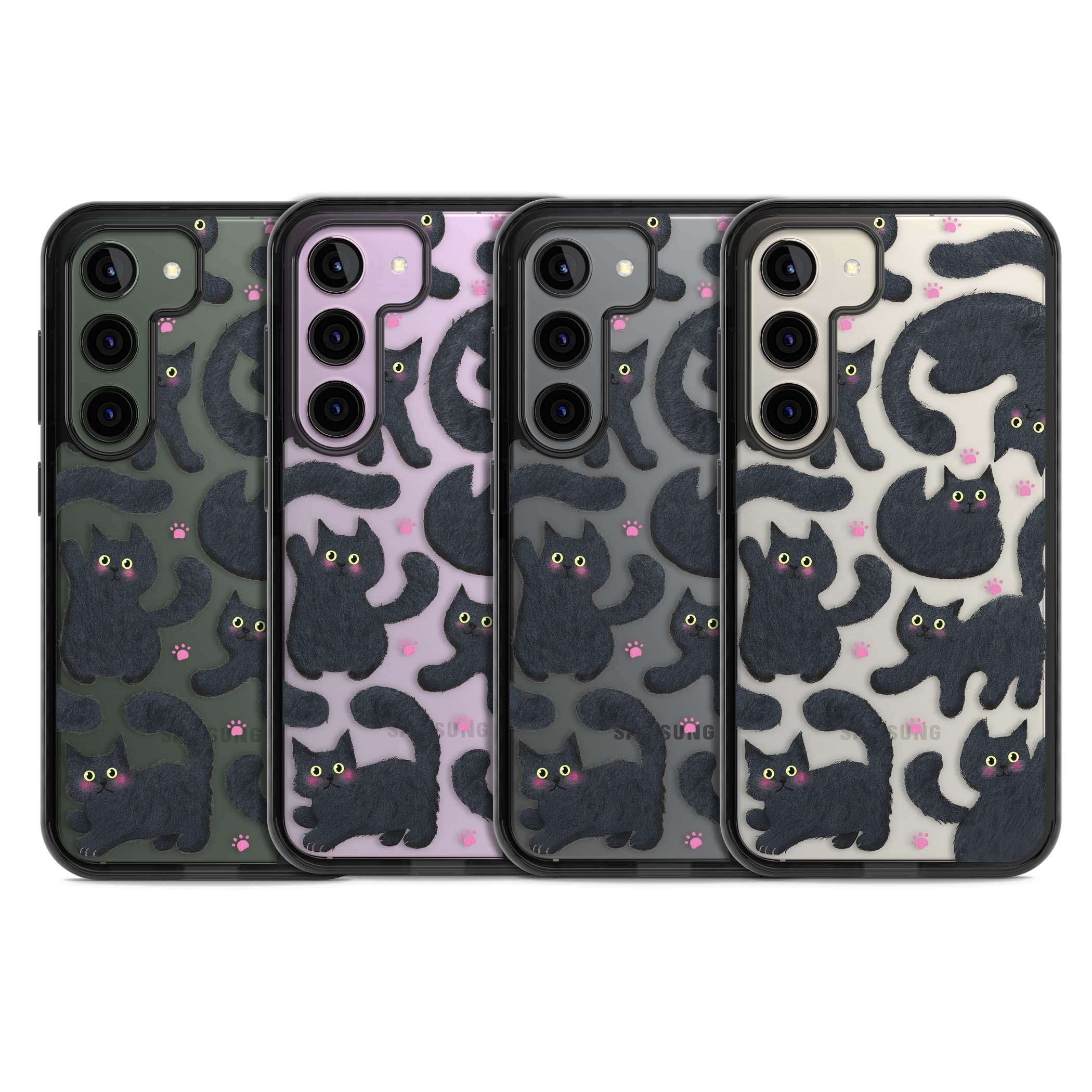 Midnight Cats cute iPhone case featuring black cat pattern with yellow eyes and pink paw prints | Black Impact case for Samsung Galaxy S24, Samsung Galaxy S23, Samsung Galaxy S22