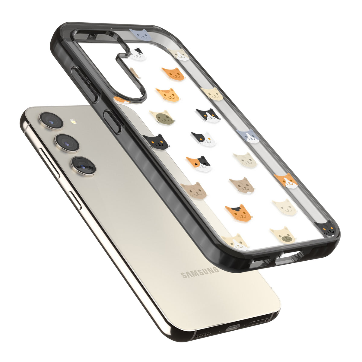 Cute Cat Face Transparent Samsung S22 / Samsung S22 Plus / Samsung S23 / Samsung S23 Plus / Samsung S24 / Samsung S24 Plus Impact Black Phone Case angled
